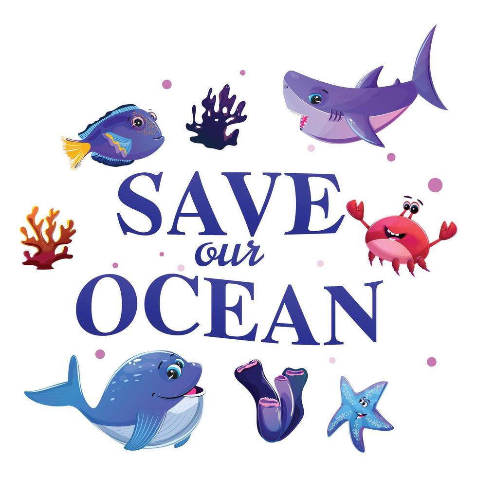 Ocean conservation illustration featuring marine life, corals, plants, and bubbles on a white background vector