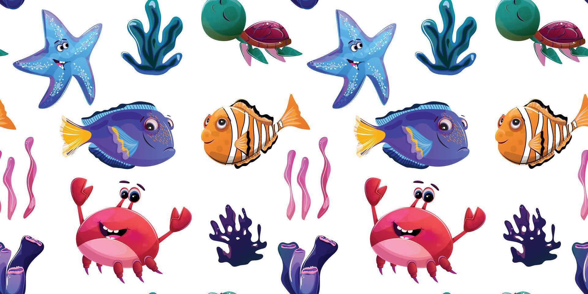 Marine life seamless background with colorful cartoon fish, starfish, turtle and coral elements. vector