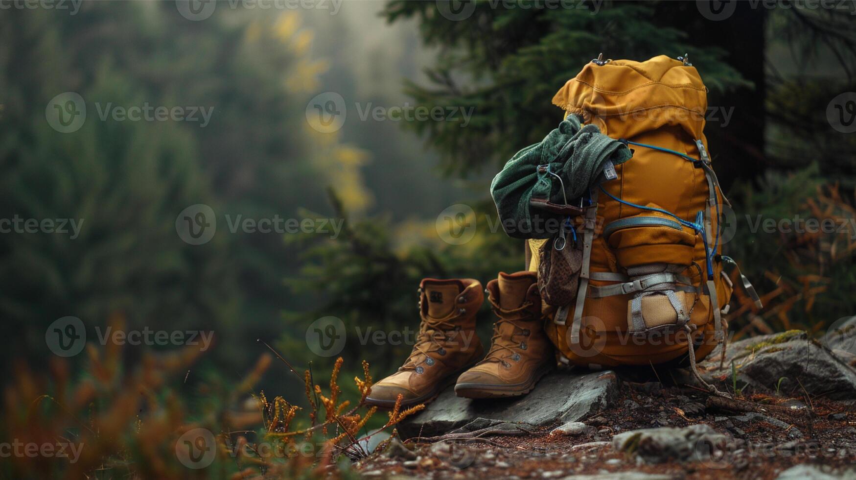 Hiking boots and backpack in the mountains. Travel and adventure concept. photo