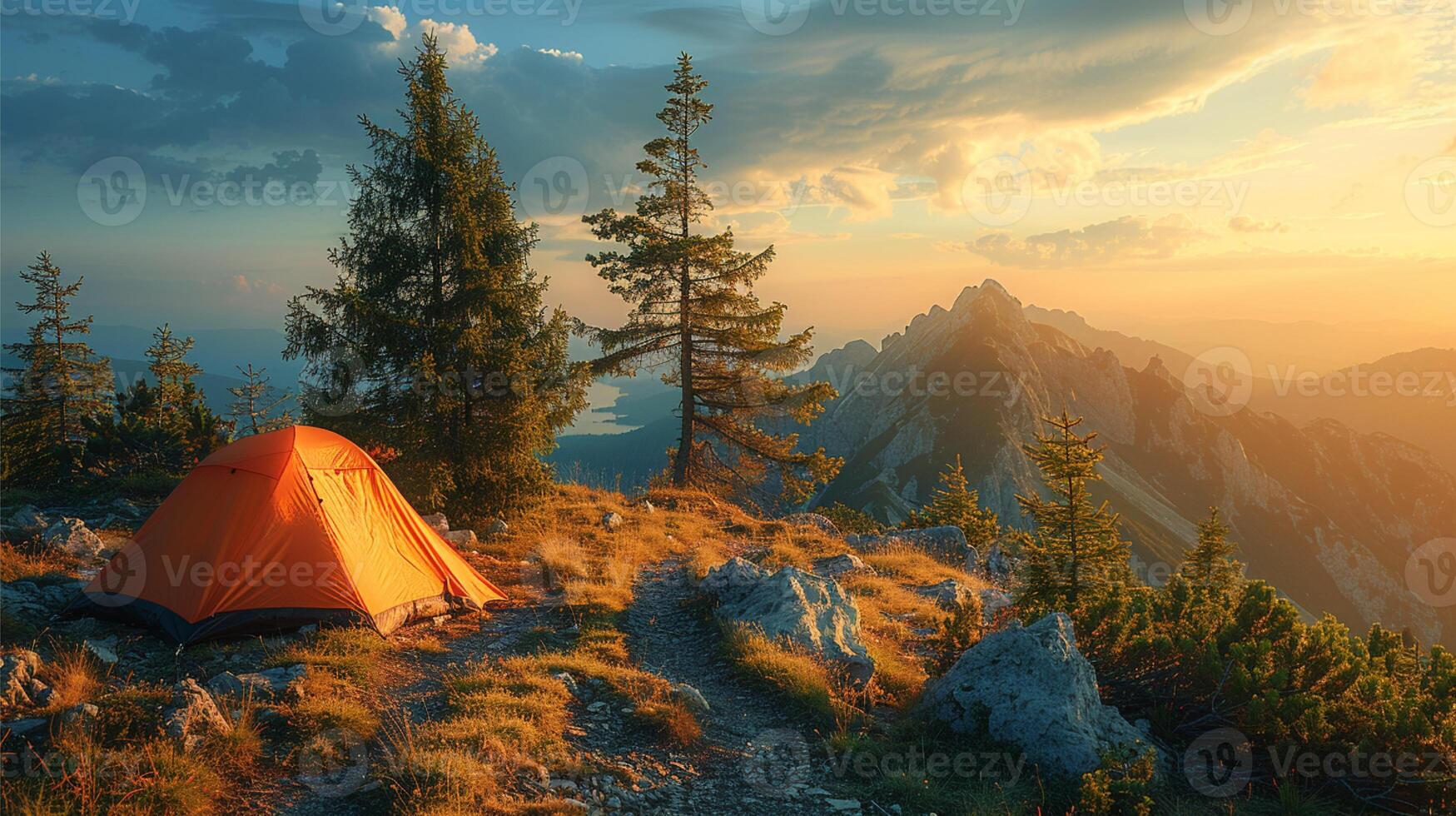 Hiking boots and backpack in the mountains. Travel and adventure concept. photo