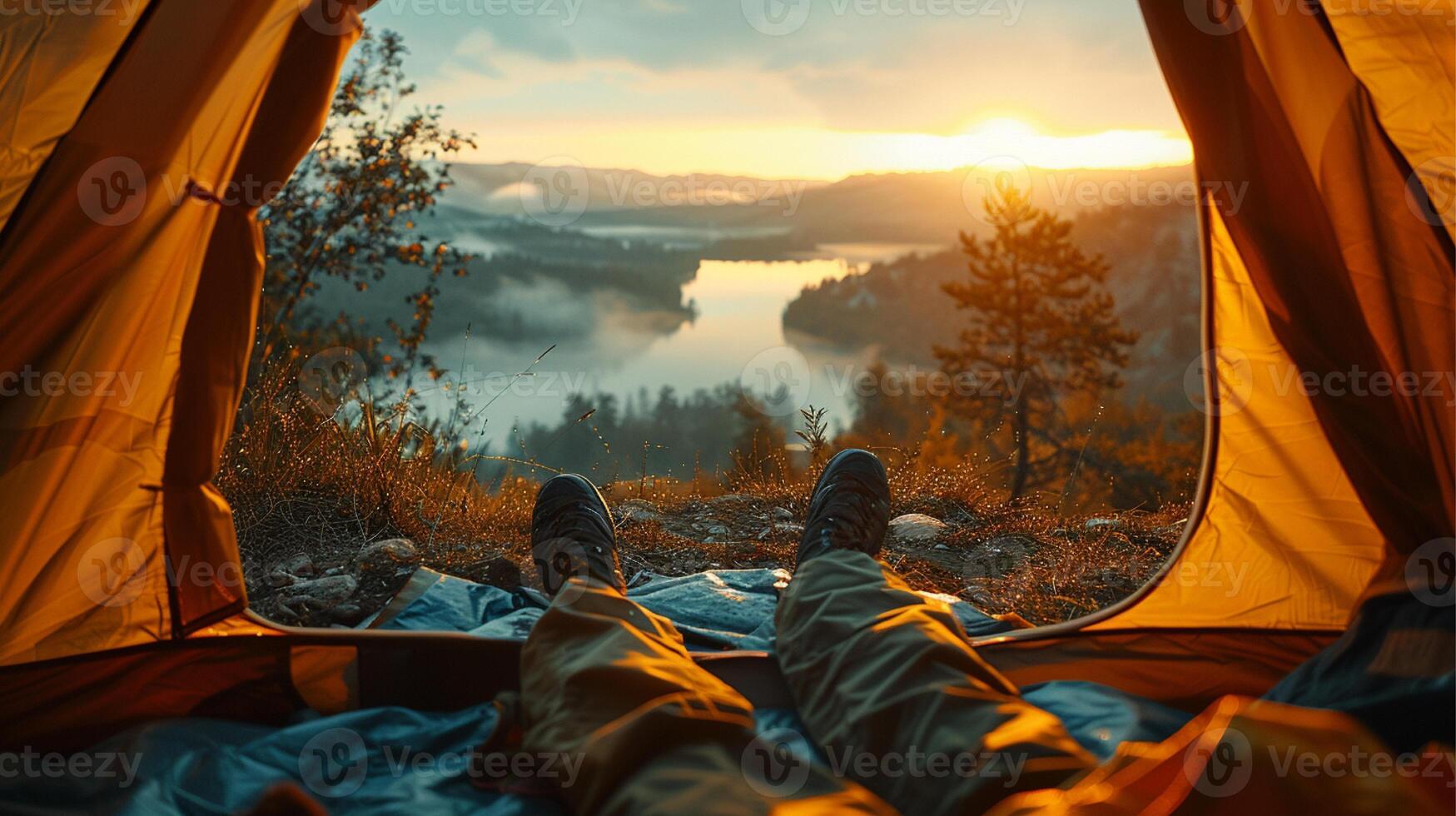 View from inside the tent on the River with clear skies and few clouds photo