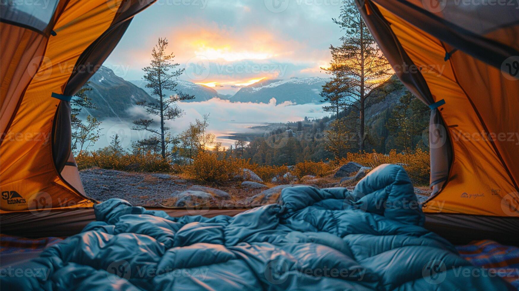 View from inside the tent on the River with clear skies and few clouds photo