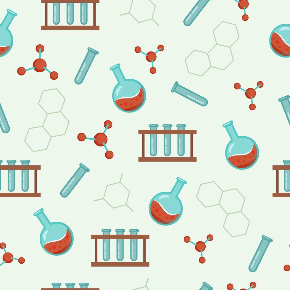 Seamless pattern for chemistry laboratory, scientific research. Magnifying glass, molecule, test tube. Background. vector