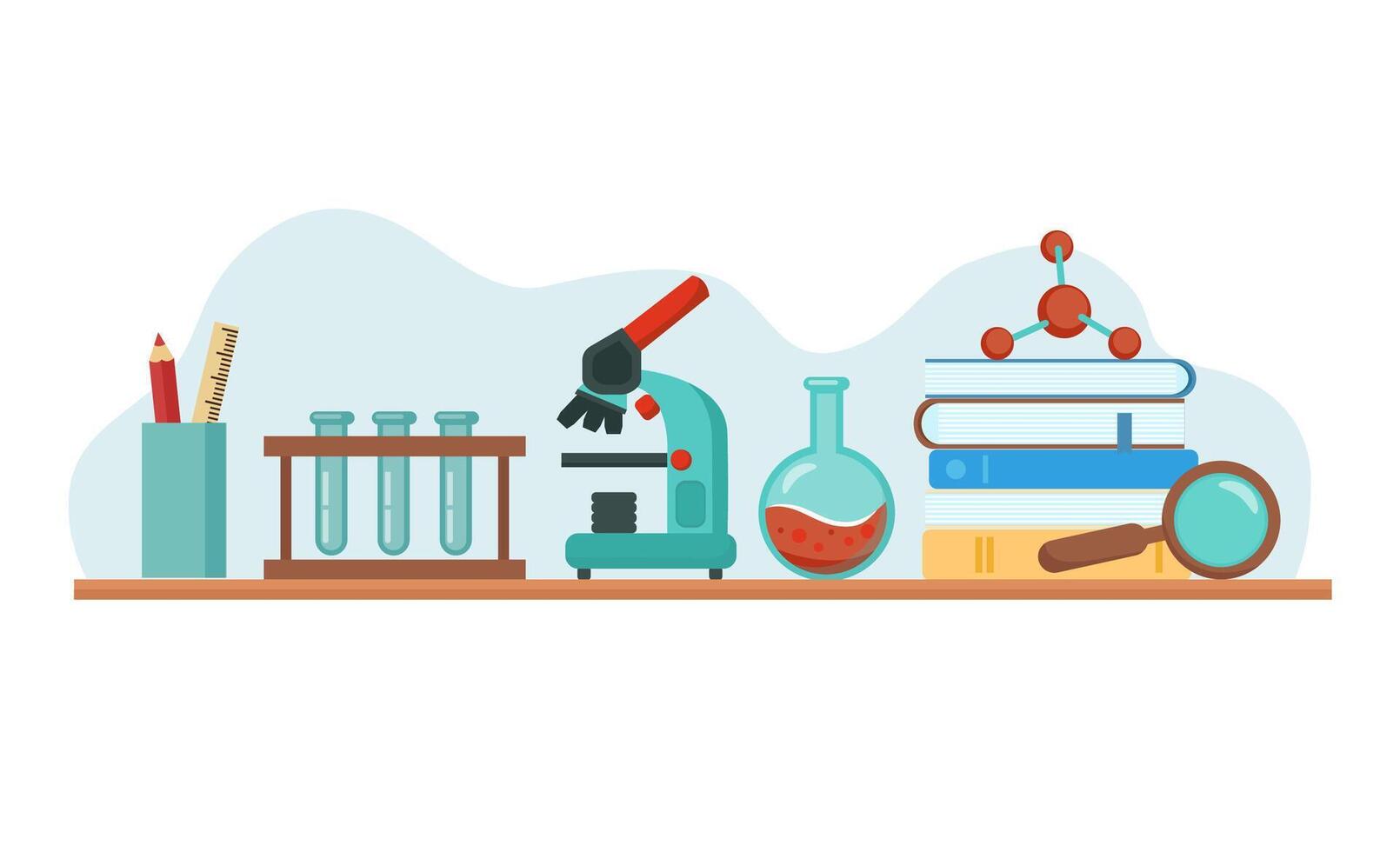 Laboratory equipment - beakers, microscope, flasks. Colorful cartoon style illustration on white background. vector