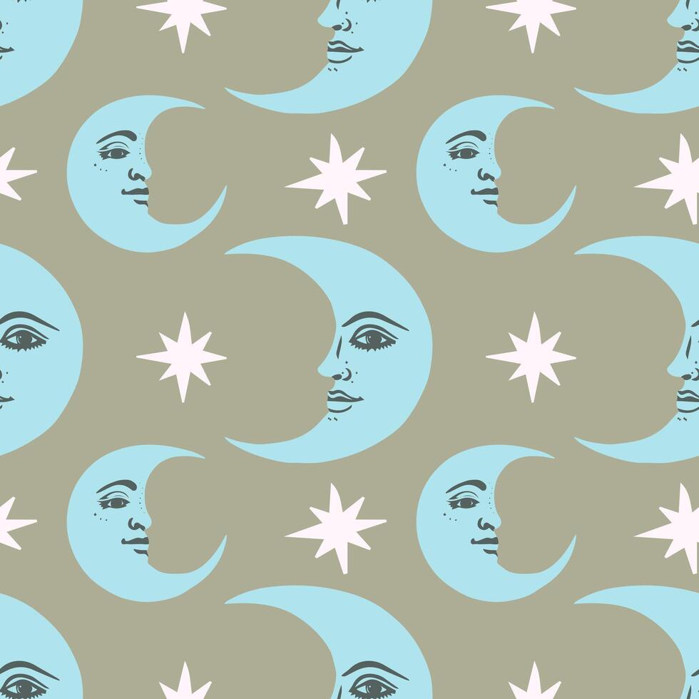 Seamless pattern with moon and stars. Vintage background in boho style. vector