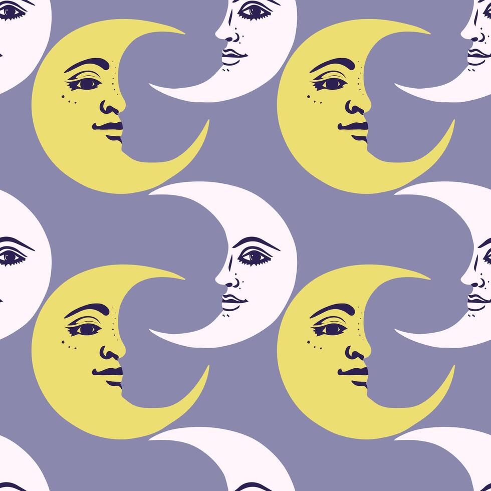 Crescent moons yellow and white with retro style face on grey-blue background. seamless pattern. vector