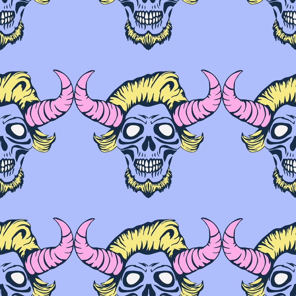 Seamless pattern with skull head with horns. Bright punk rock background. vector