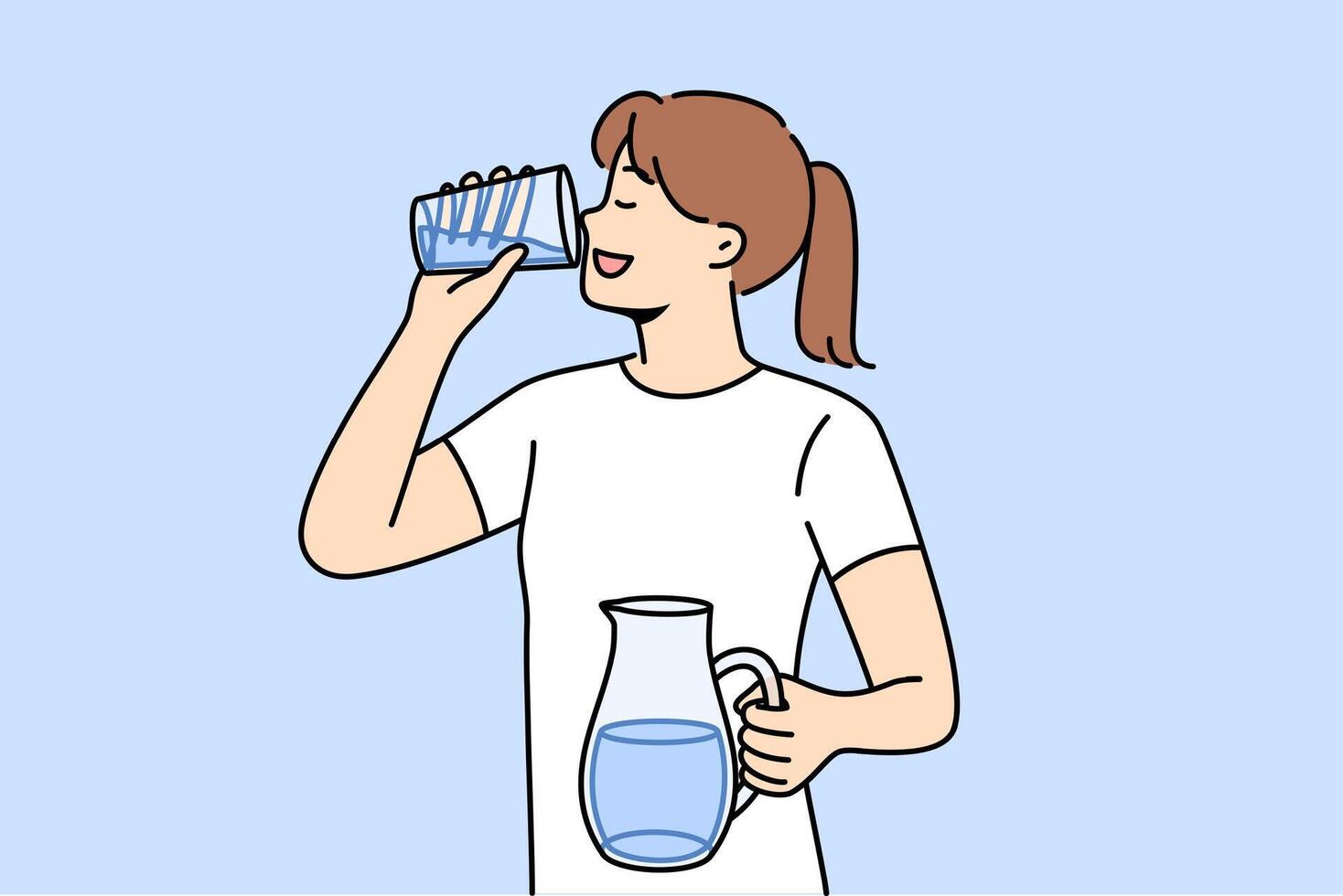 Woman drinks clean water from glass to refresh herself and saturate body with mineral aqua vector