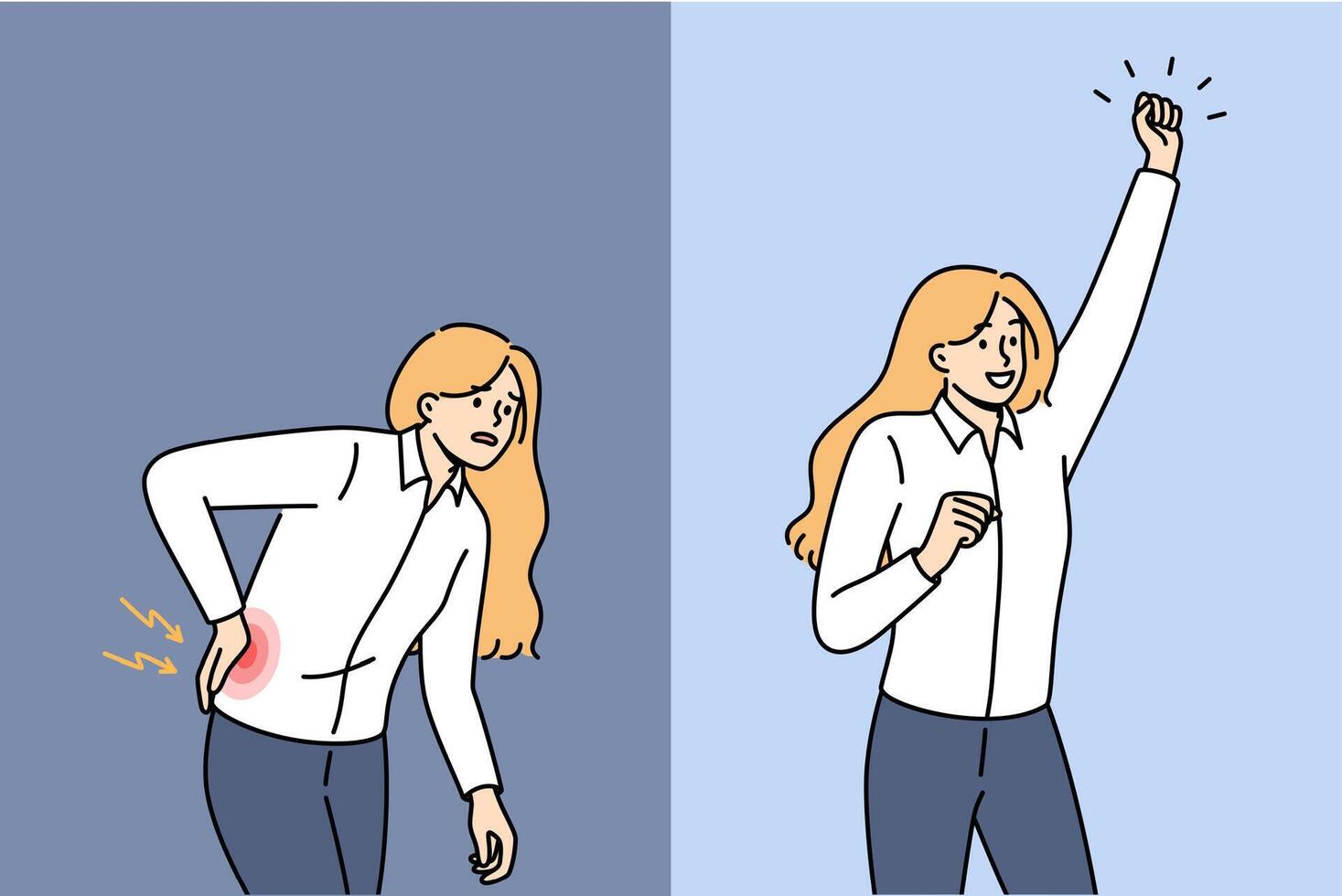 Woman with sore lower back bends over in pain, feeling sciatica, begins to rejoice after healing vector