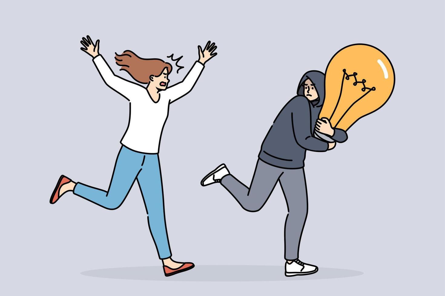 Theft intellectual property from woman running after criminal with large light bulb symbolizing idea vector