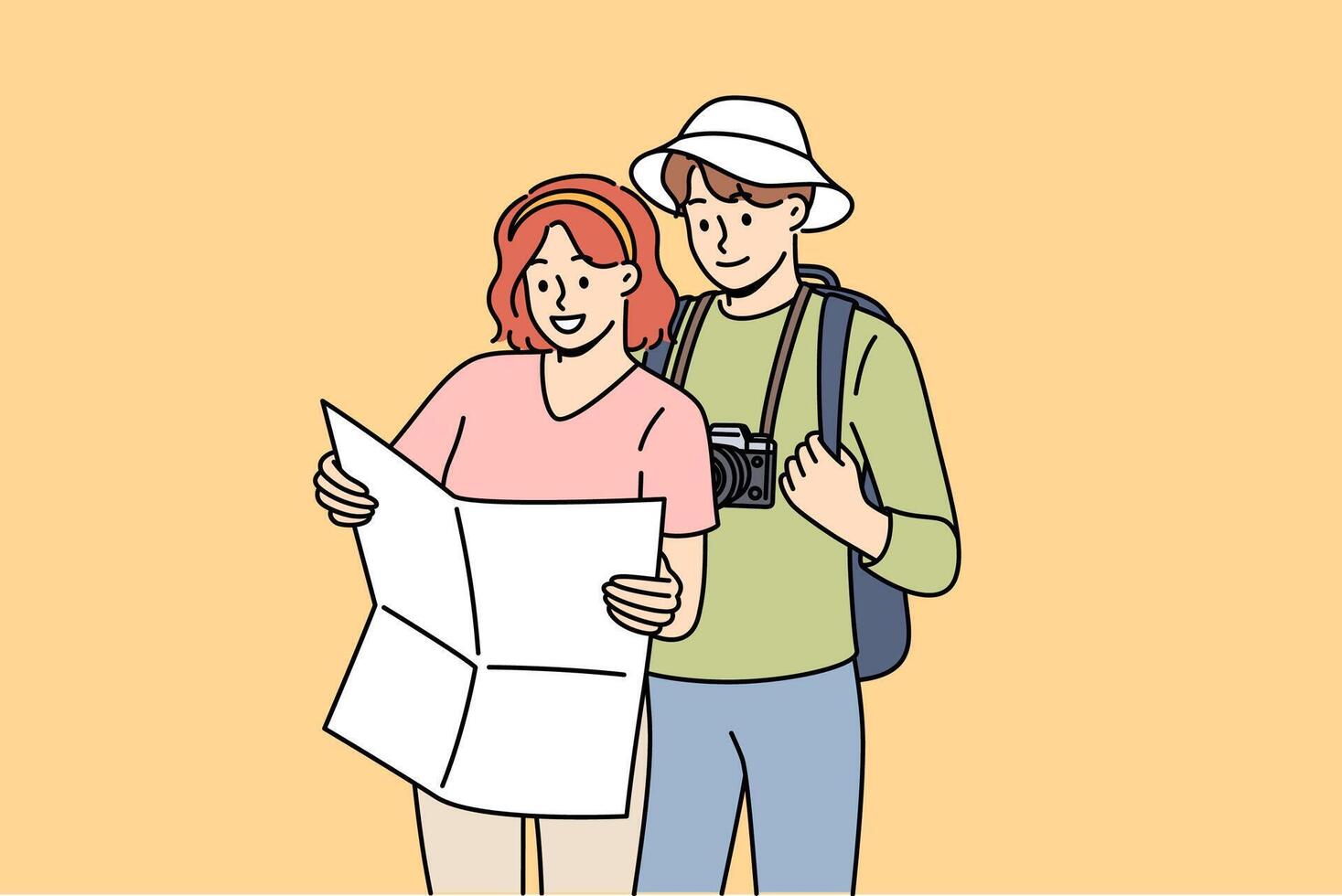 Couple of tourists study map, choosing route for hike in mountains with wildlife or walk along city vector