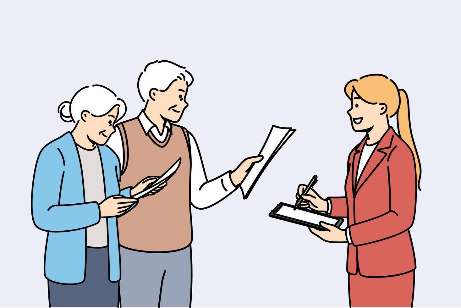 Girl conducts survey of older people, issuing questionnaires to study quality life after retirement vector
