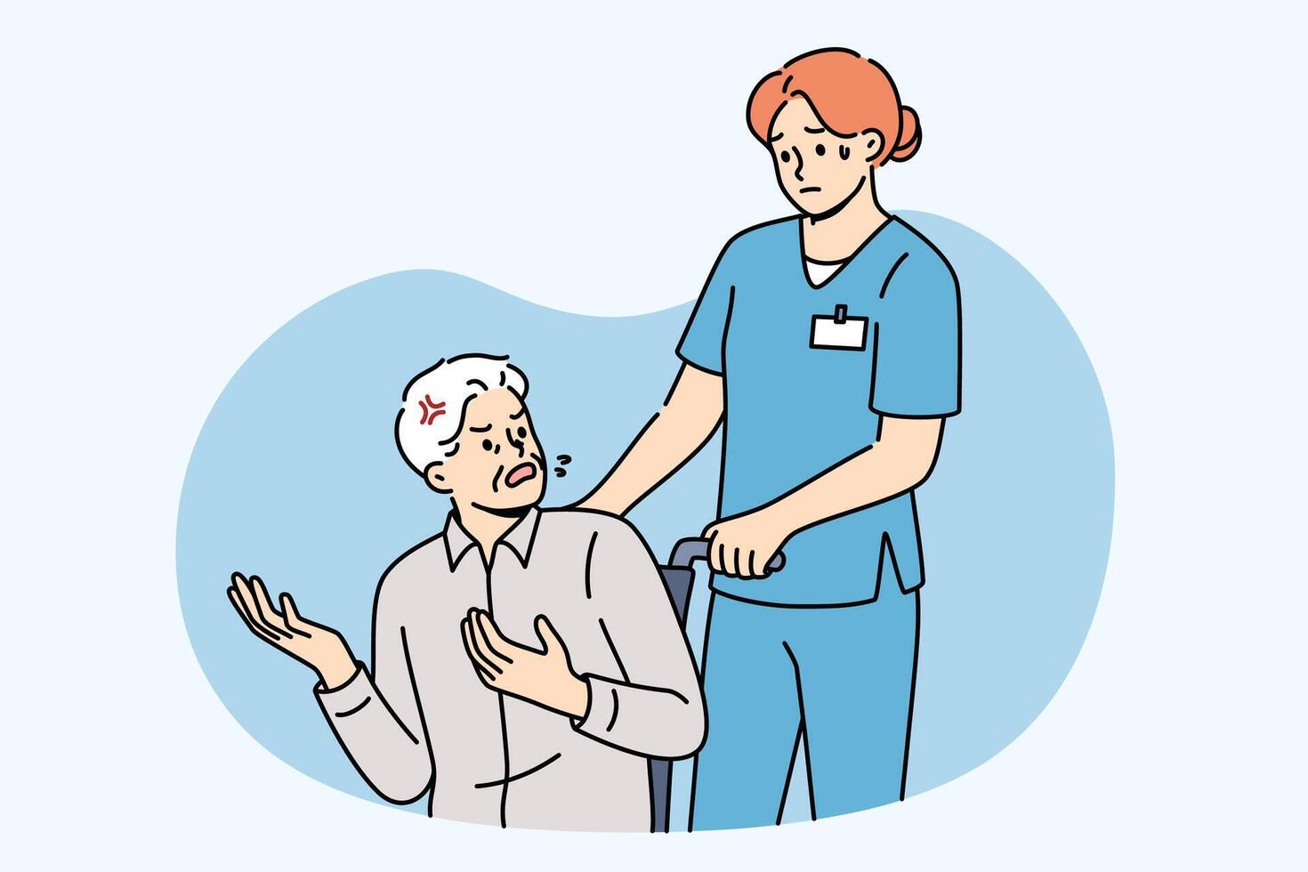 Angry patient in wheelchair swears at nurse, expressing dissatisfaction with healthcare system vector