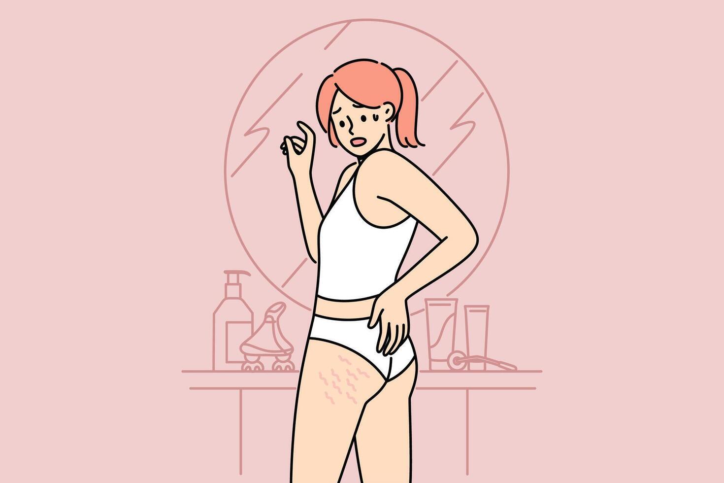Woman sees cellulite on butt and thighs standing near mirror, needs to combat excess weight vector