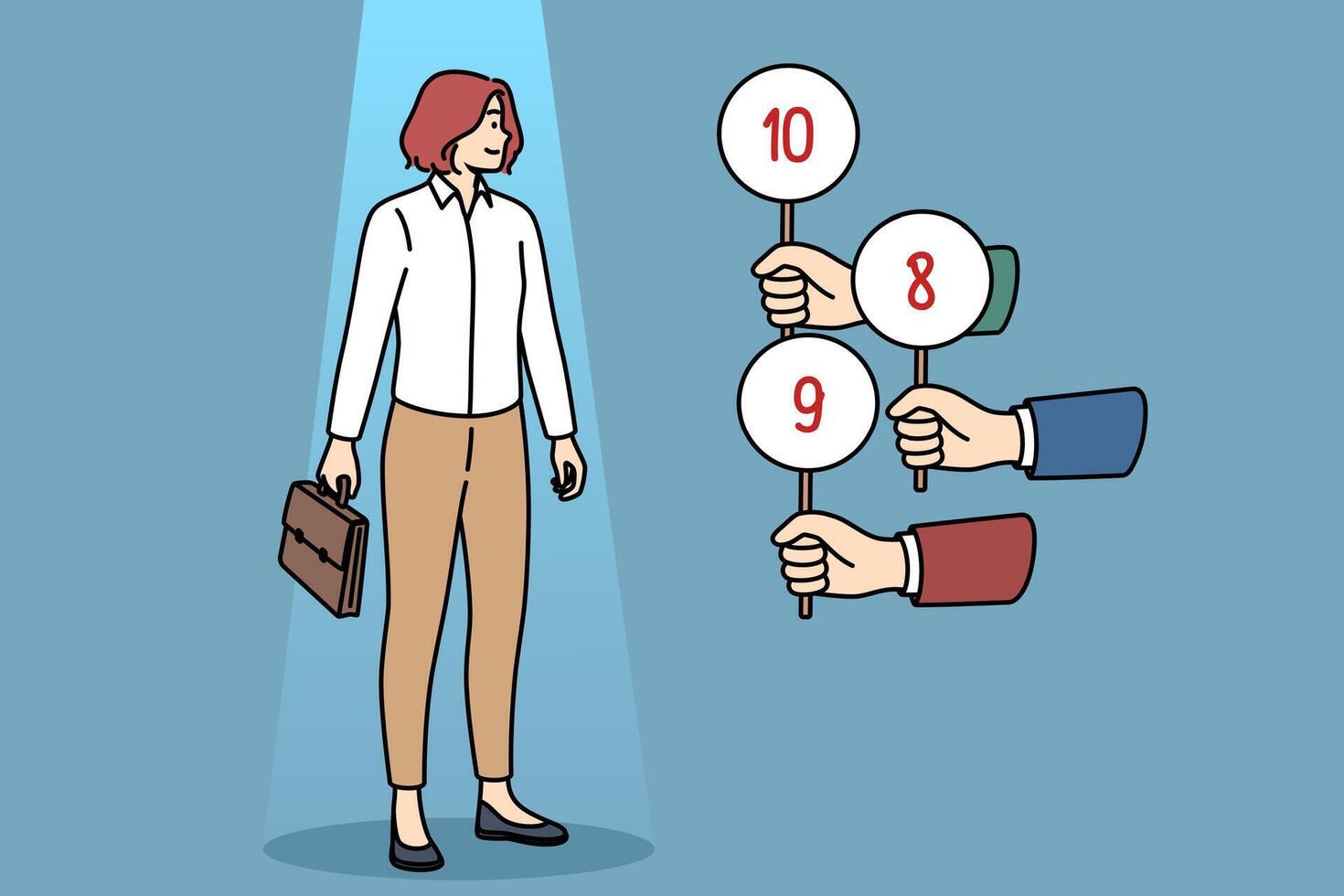 Woman undergoes business interview receiving marks from recruiters for excellent professional skills vector