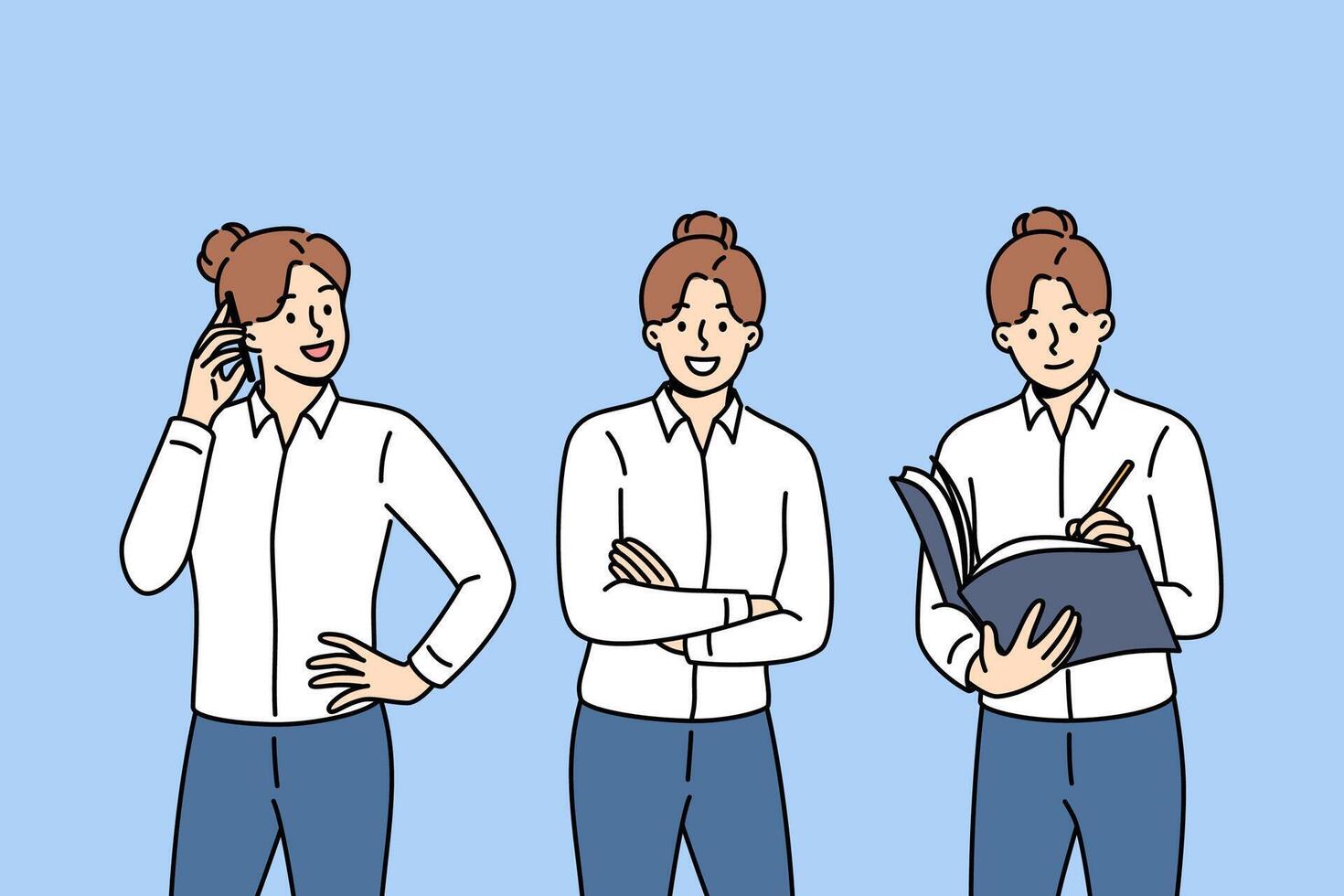Businesslady is talking on phone, arranging partner meeting and making entry in journal vector