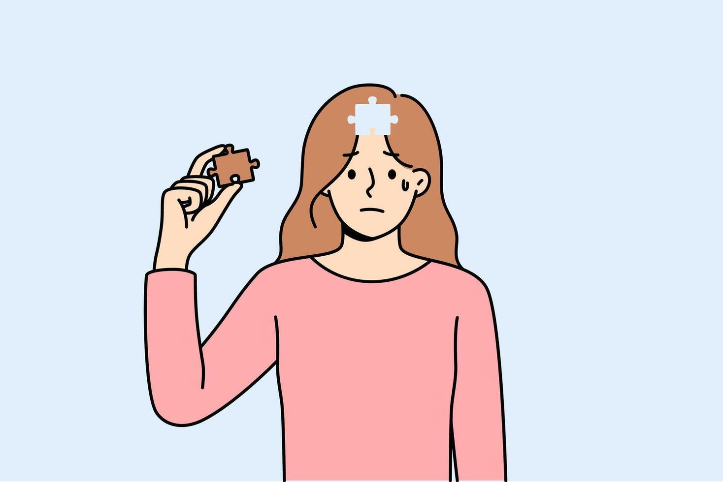 Depressed woman cries, feeling lack motivation for development, and pulls piece puzzle out of head vector