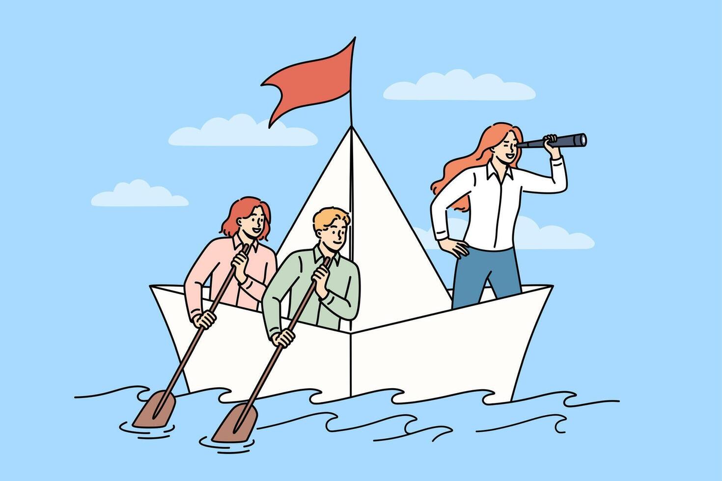 Woman crisis manager leads team during storm, standing on paper ship and holding shameful trumpet vector