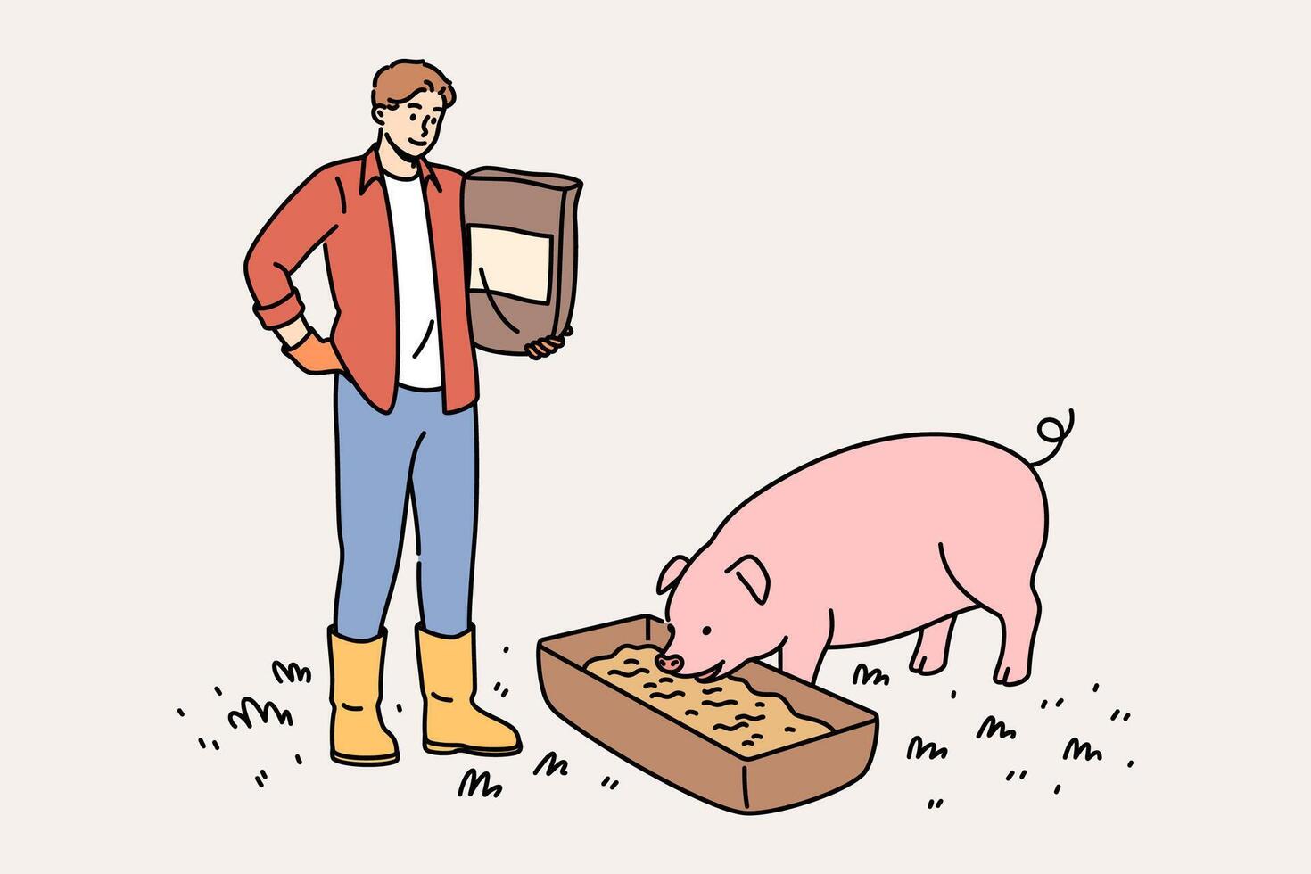 Man farmer engaged in livestock farming and pours feed from grains and cereals for pigs vector