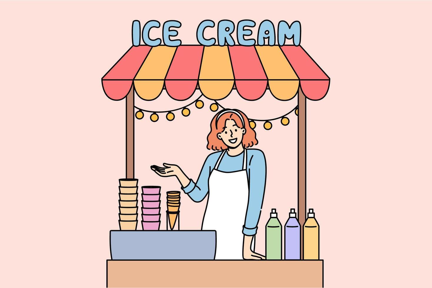Woman sells ice cream in street stall and makes gesture inviting you to try cold dessert vector