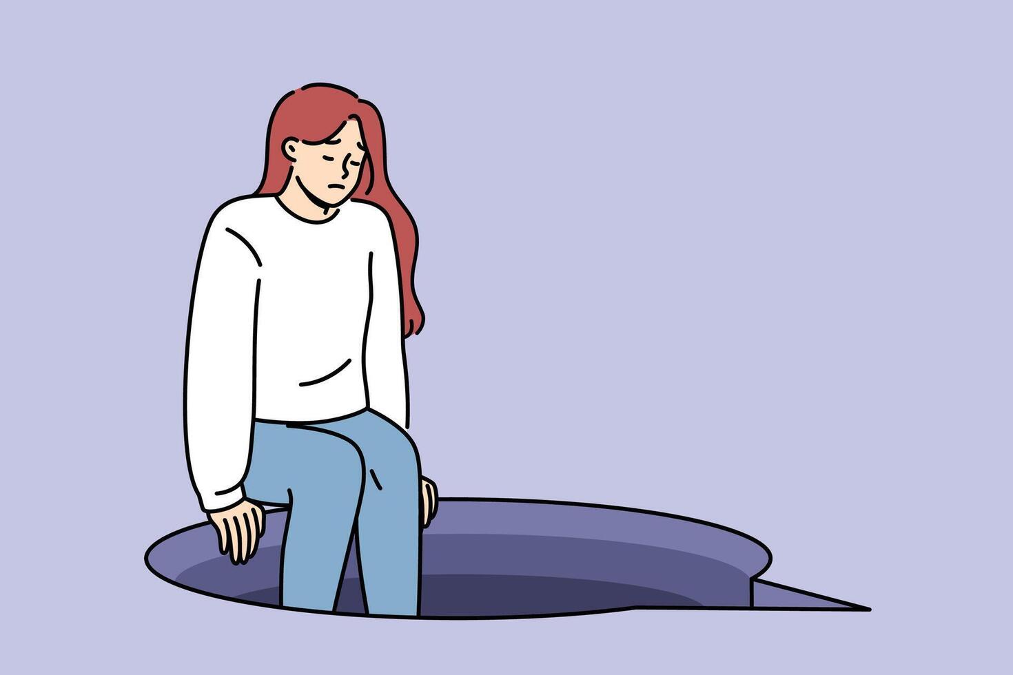 Depression in woman sitting on edge abyss in form speech bubble, metaphor for complex conversation vector
