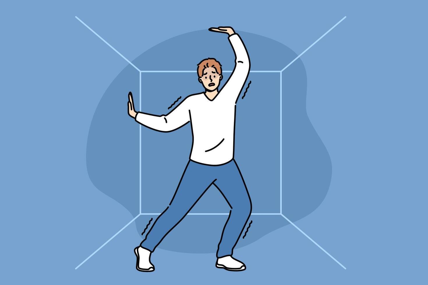 Man suffering from claustrophobia experiences shock when finds himself in confined space vector