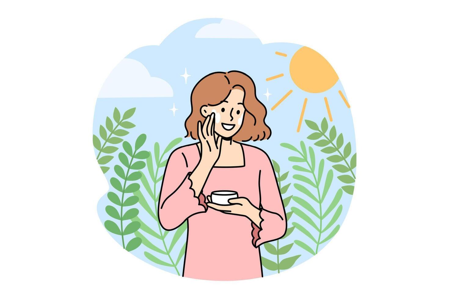 Woman uses sunscreen to protect face from sunburn and avoid negative effects of sun rays vector