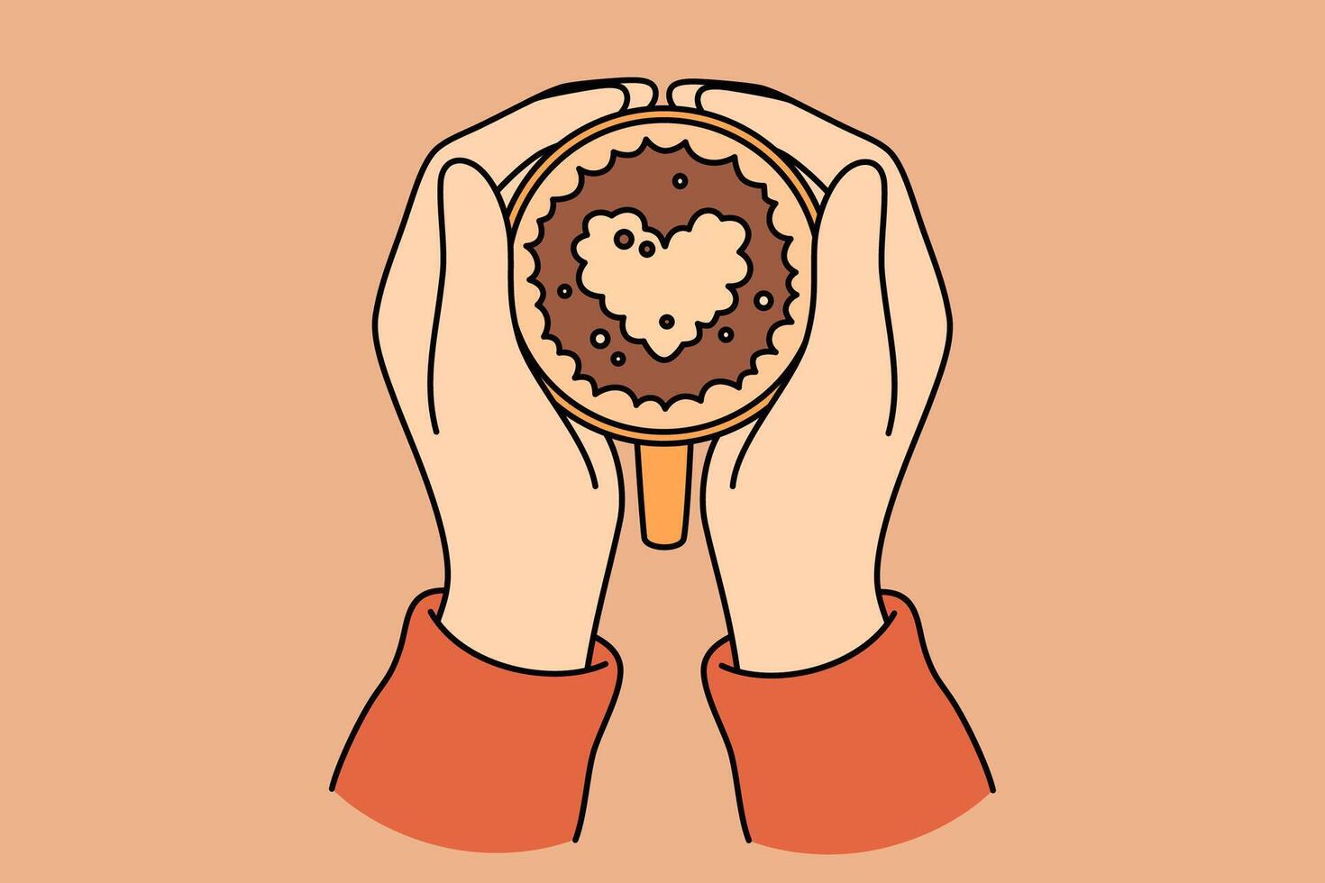 Coffee with foam heart in hands of person drinking hot drink from cup and enjoying aroma vector