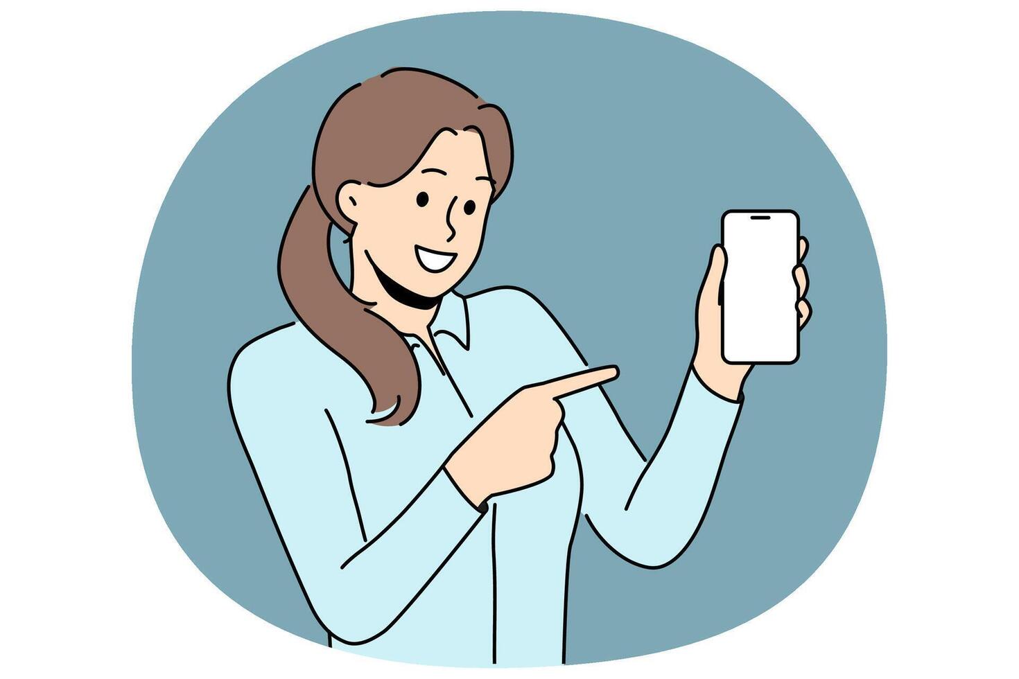 Smiling woman point at cellphone mockup screen vector