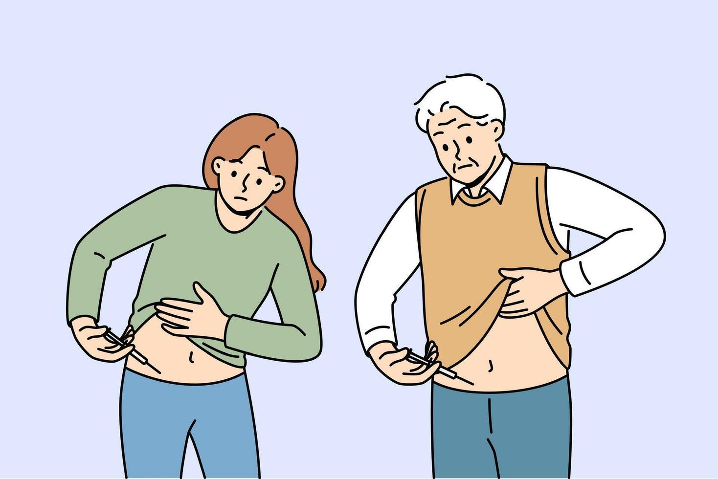 People with diabetes inject insulin into stomach to lower blood sugar levels and feel better vector