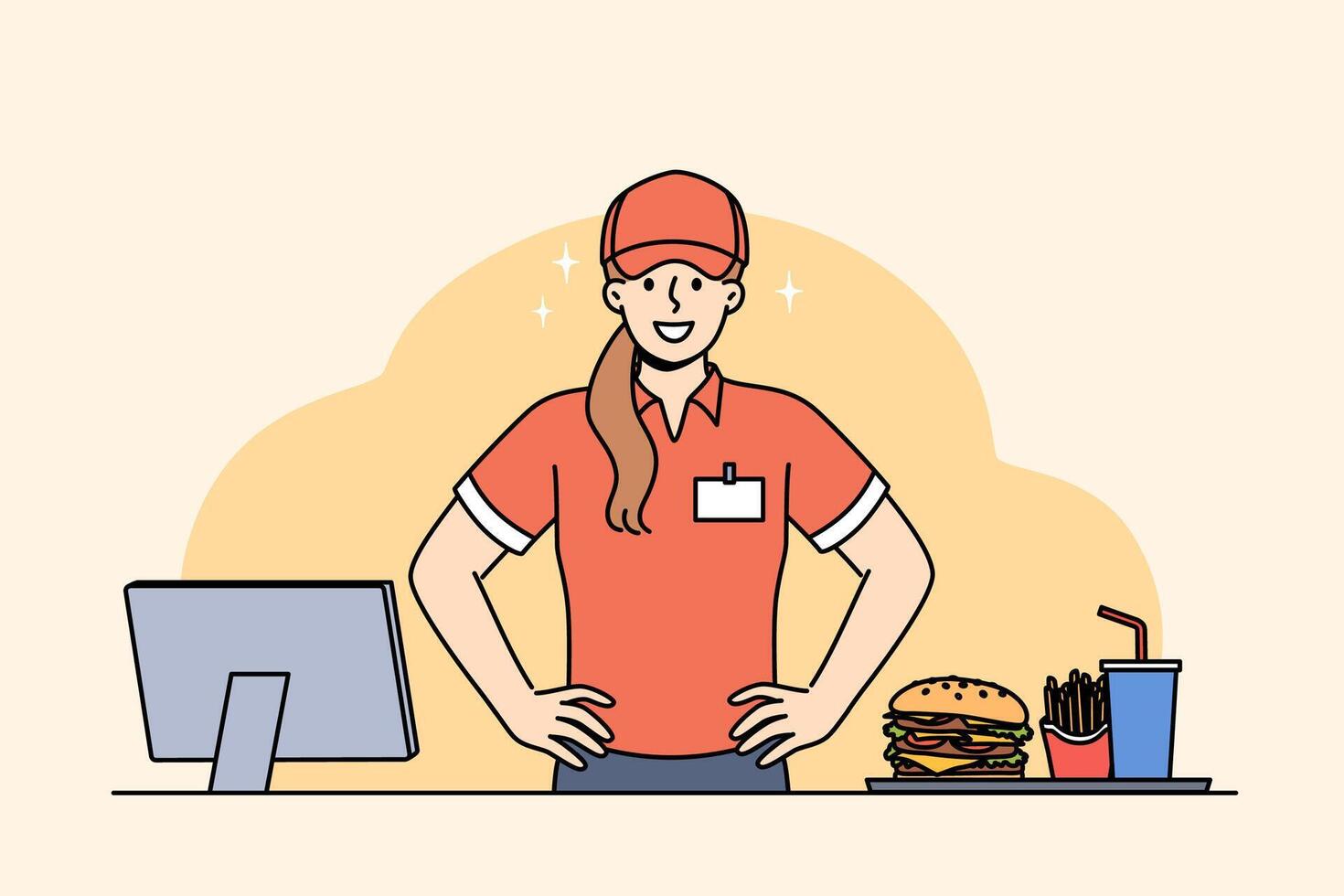 Woman fast food cafe worker stands near cash register with monitor and tray with burger and drinks vector