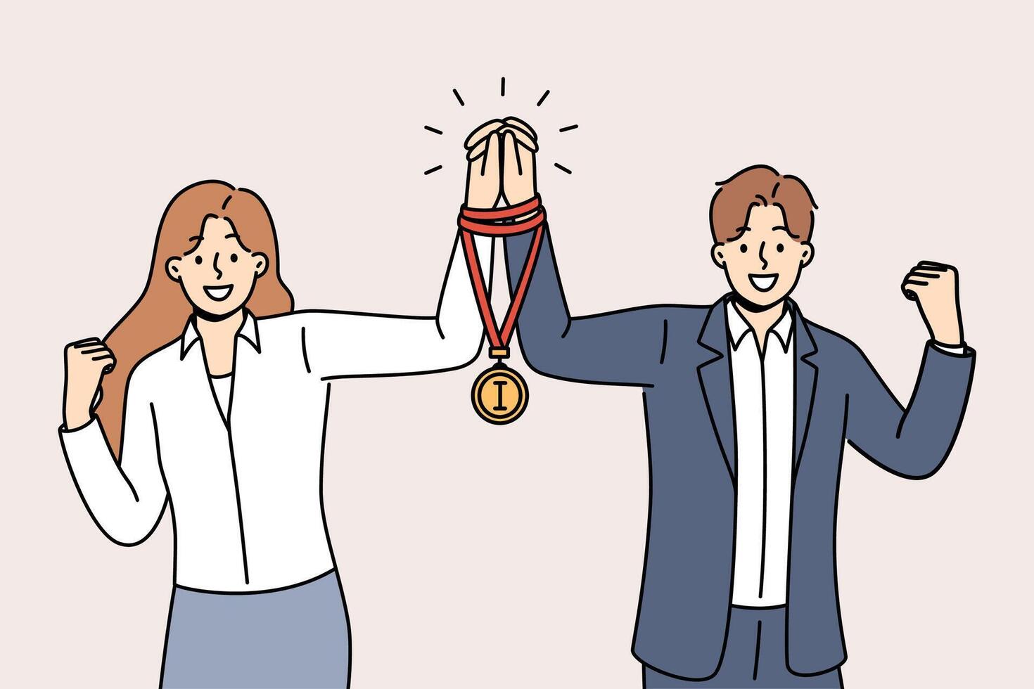Team business man and woman together received winners medal for excellent work on assigned tasks vector