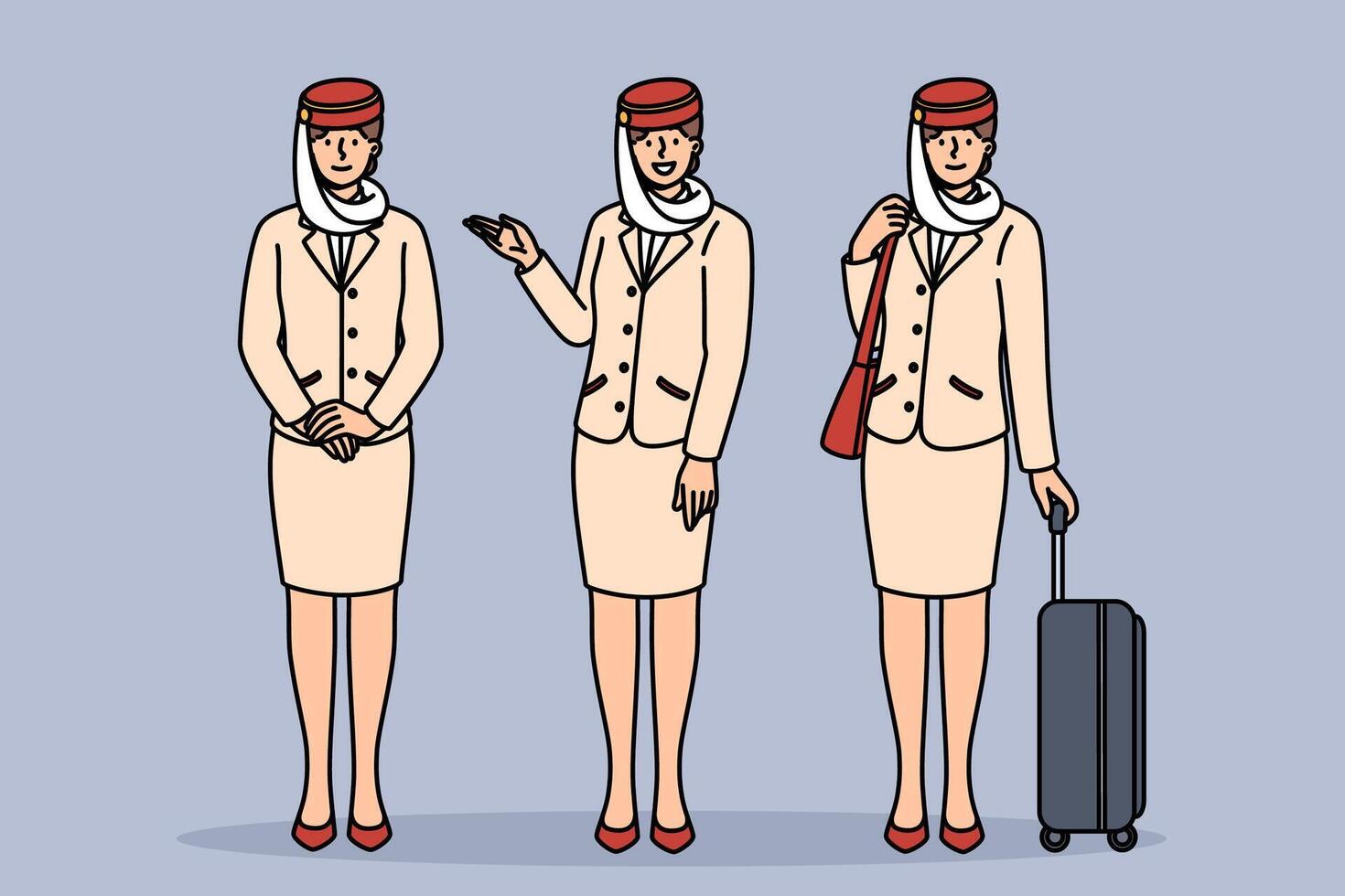 Women flight attendants of Arabian airlines, in traditional uniform with national hat and long skirt vector