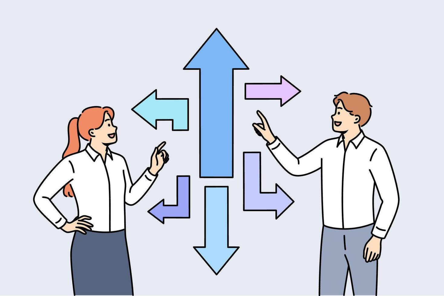 Business team looking for strategic path and solution to achieve success standing near arrows vector