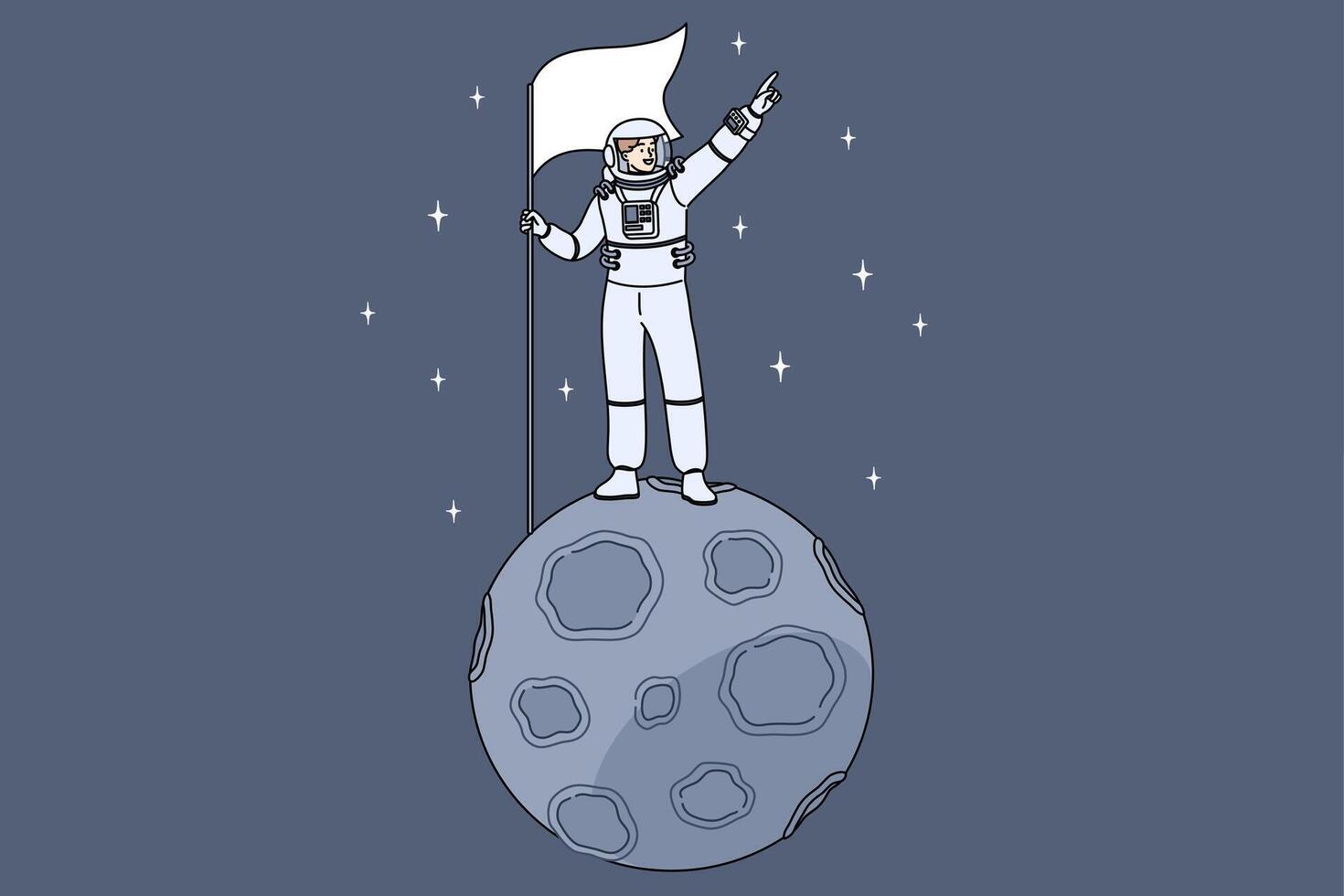 Man astronaut stands on miniature moon in space and holds flag pointing towards endless galaxy vector