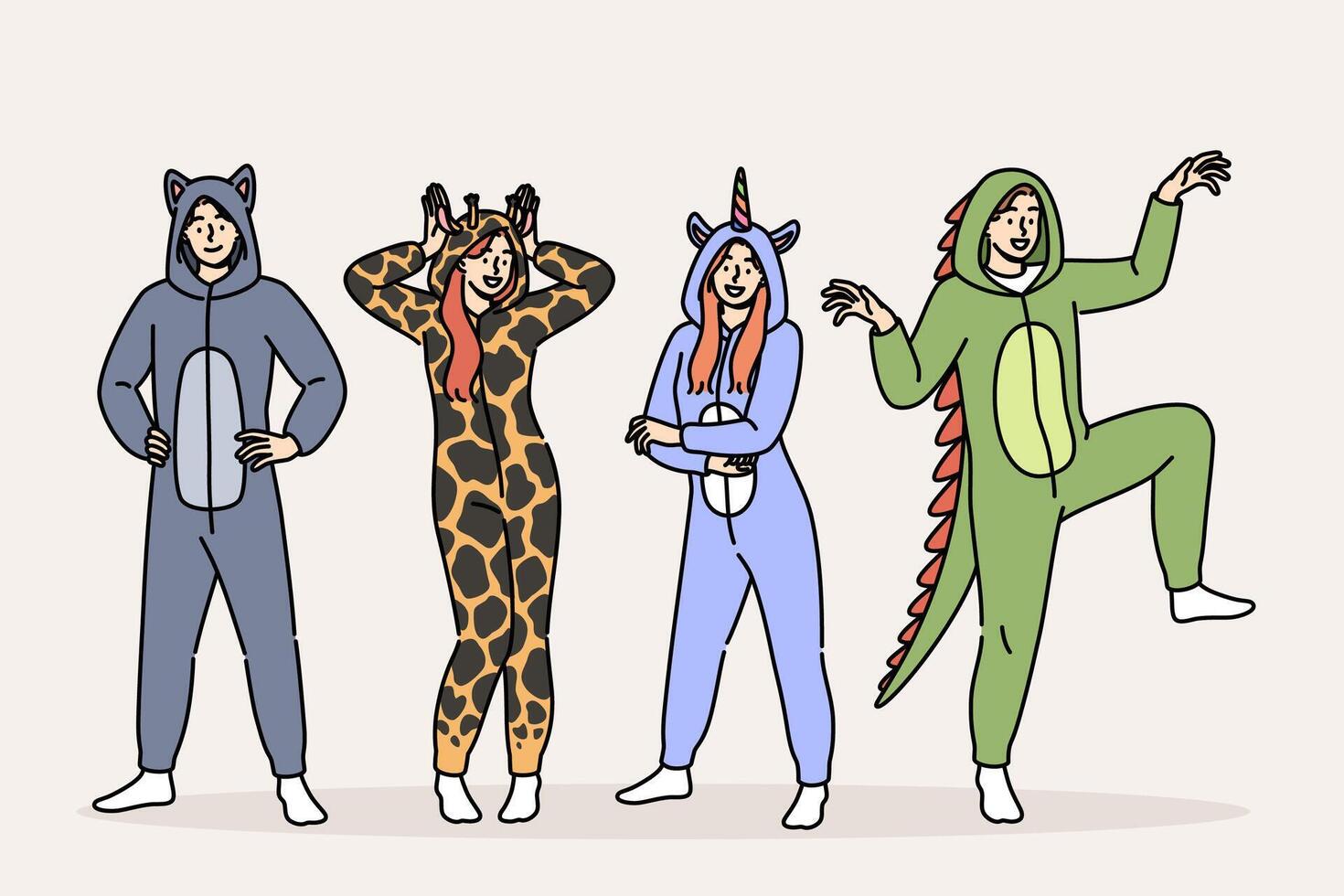 Pajama party for men and women in cute animal costumes for comfortable, restful sleep vector