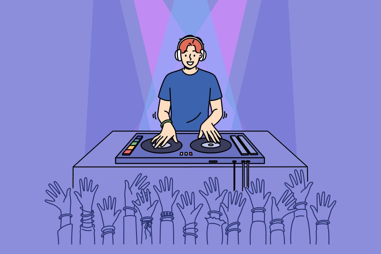 Man DJ performs in nightclub spinning records on mixing console, near partygoers hands vector