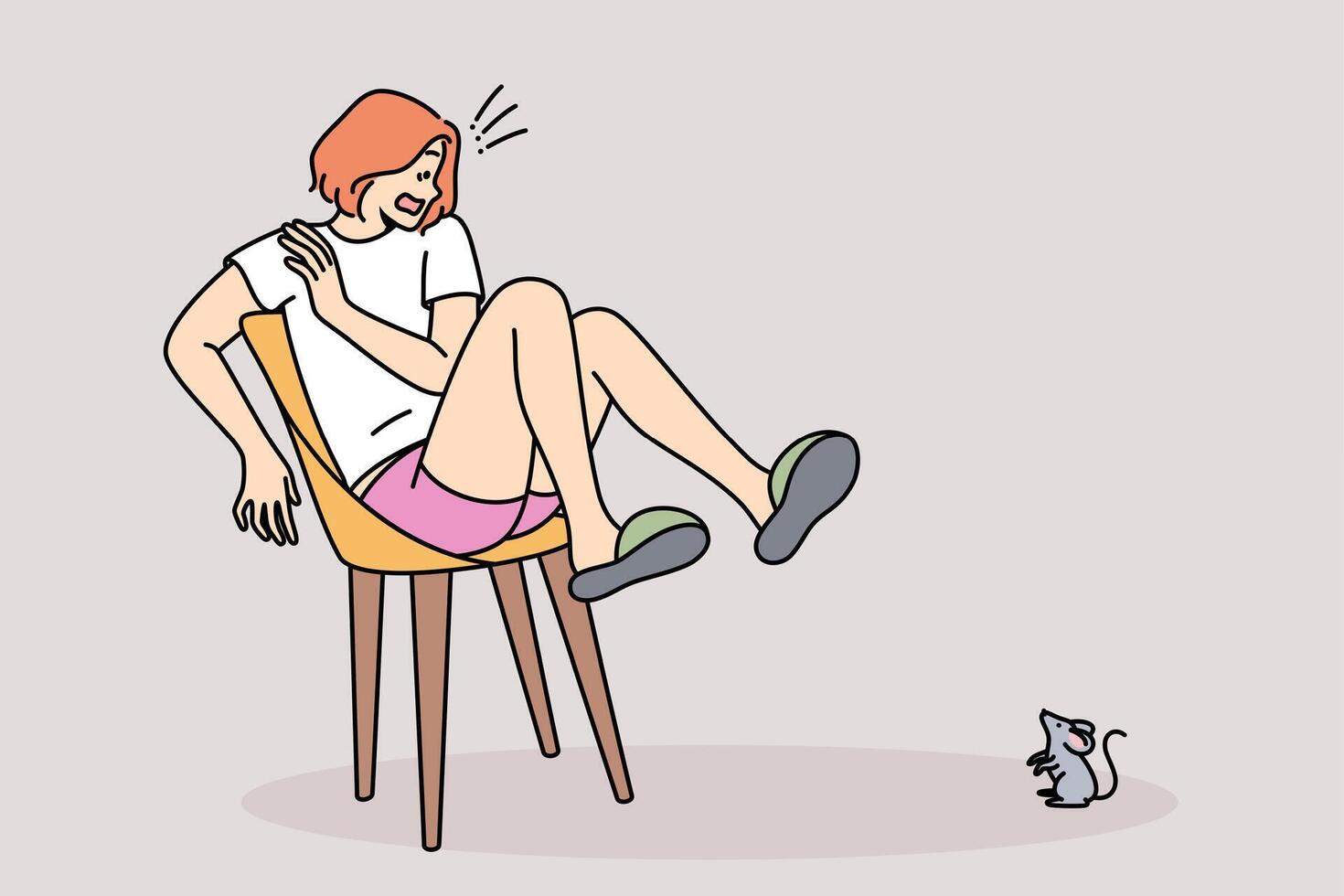 Mouse scares woman jumped onto chair out of fear and experiences musophobia at sight of rodent. vector