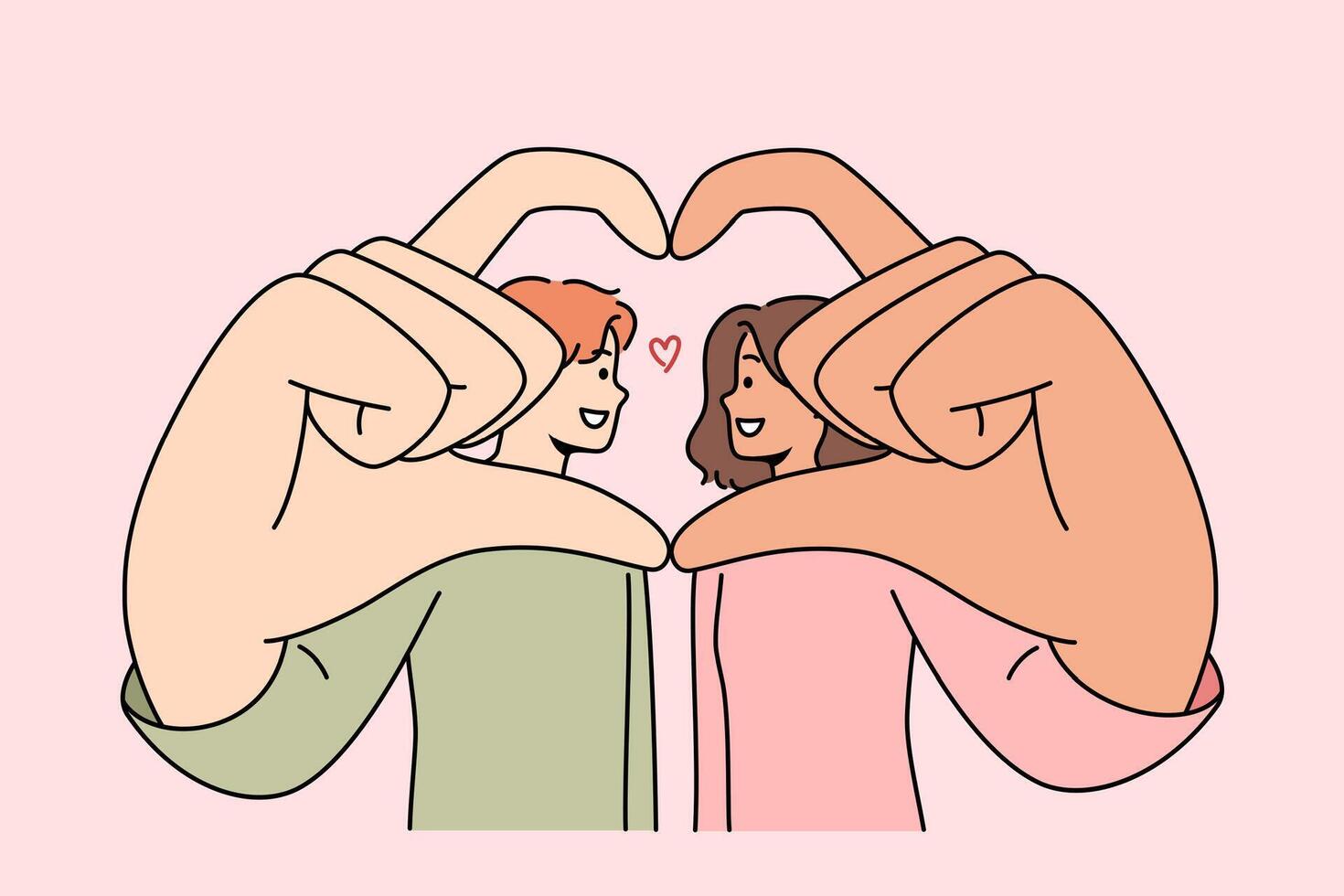 Romantic couple shows symbol of love and devotion, giving heart from hands and wanting to kiss vector