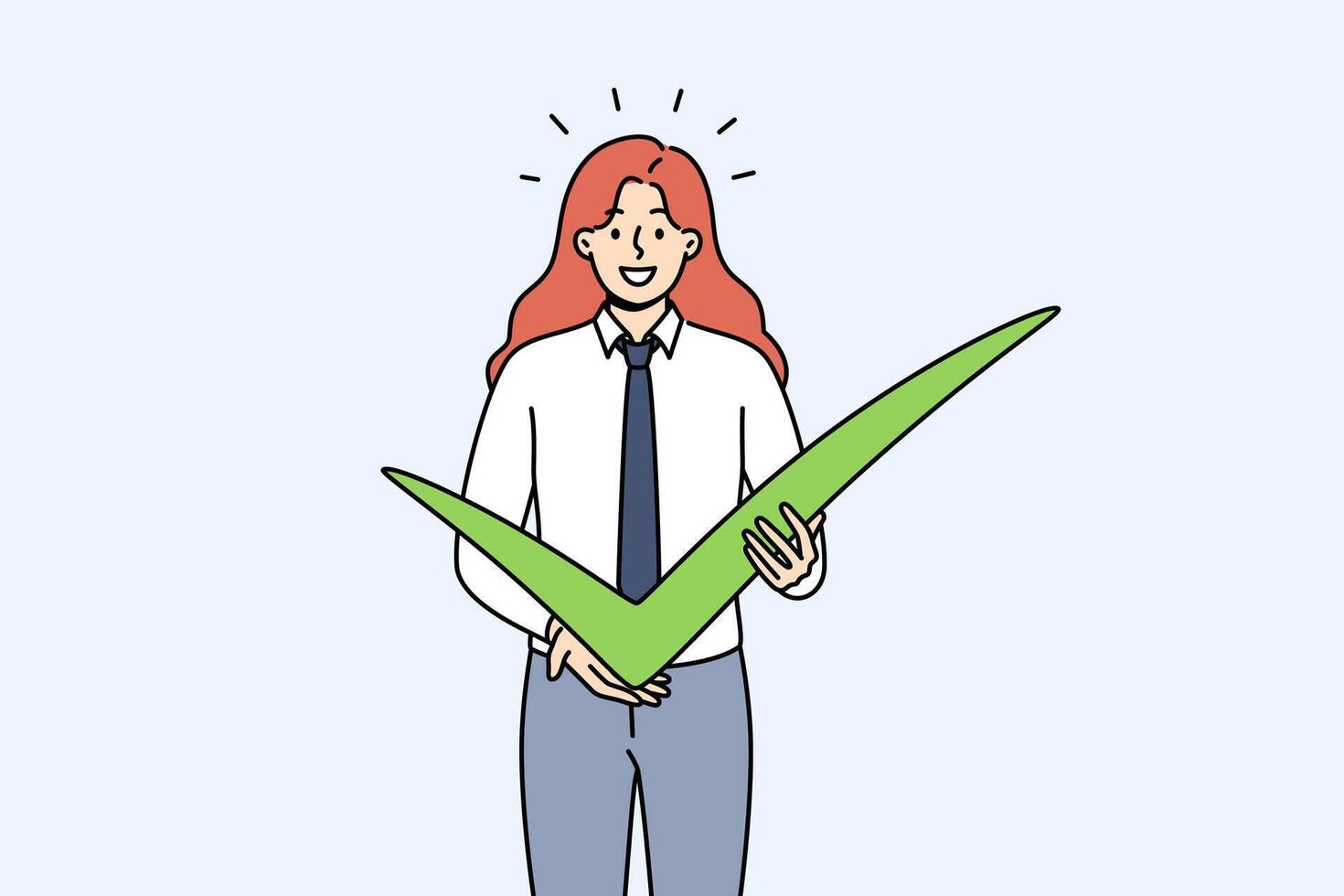 Business woman shows check mark as sign confirmation of plans for cooperation or completion project vector