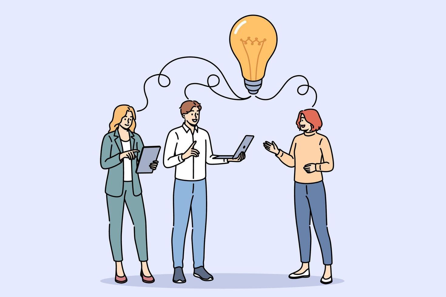 Exchange of ideas and brainstorming among business people developing plan, standing under light bulb vector