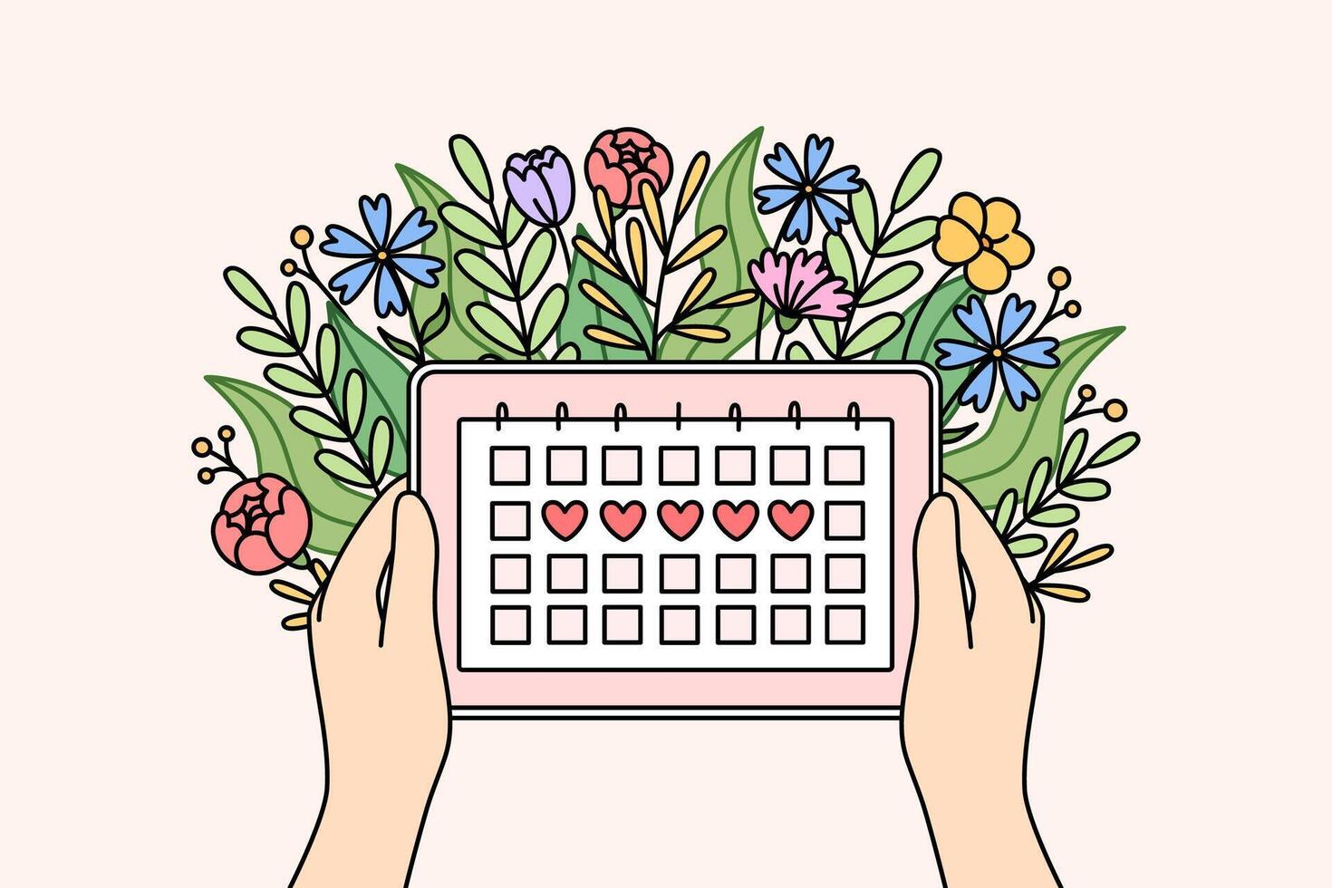 Menstrual cycle calendar in hands of woman and flowers, for tracking of PMS days vector