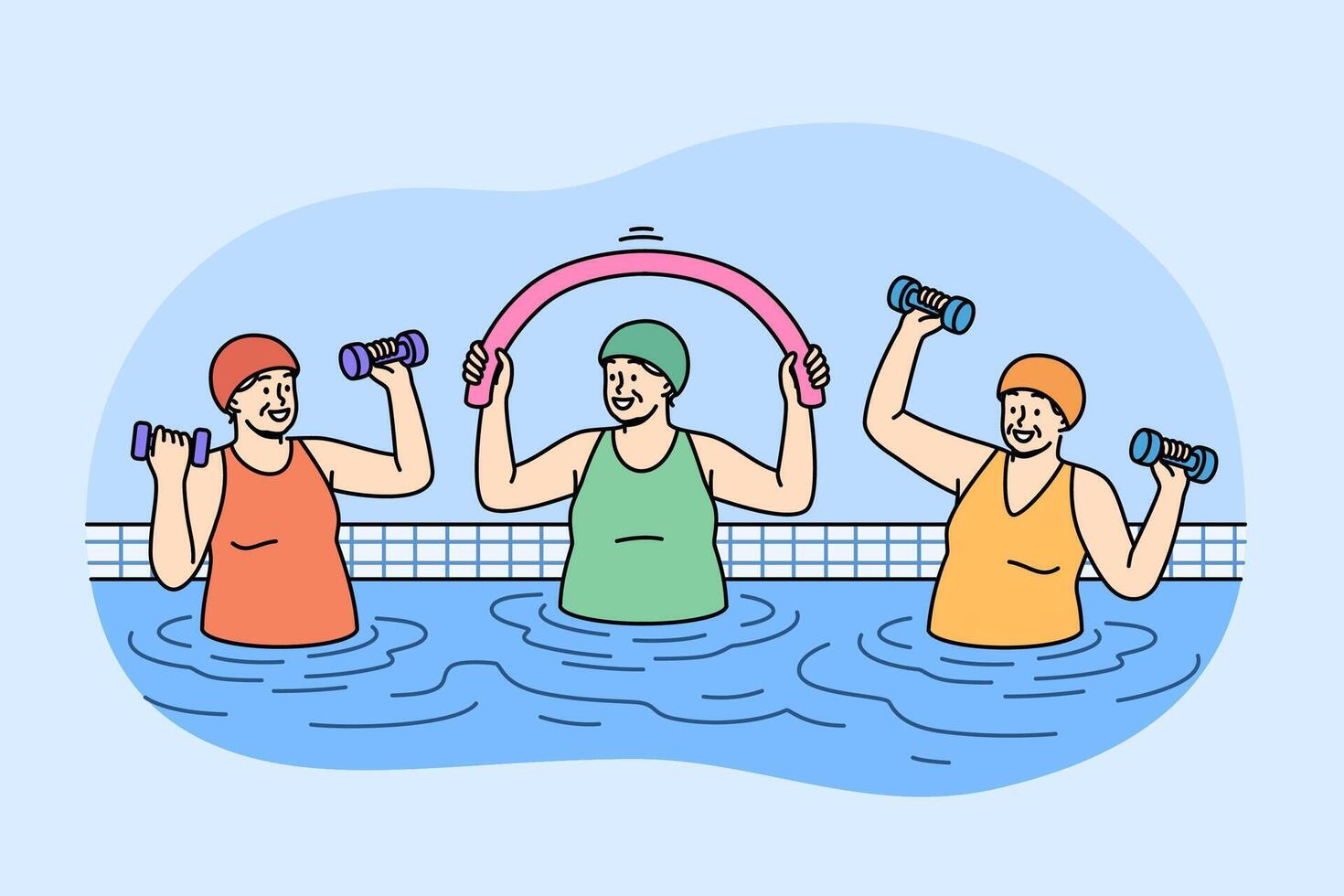 Elderly women working out in pool doing aqua fitness and lifting dumbbells to improve health vector
