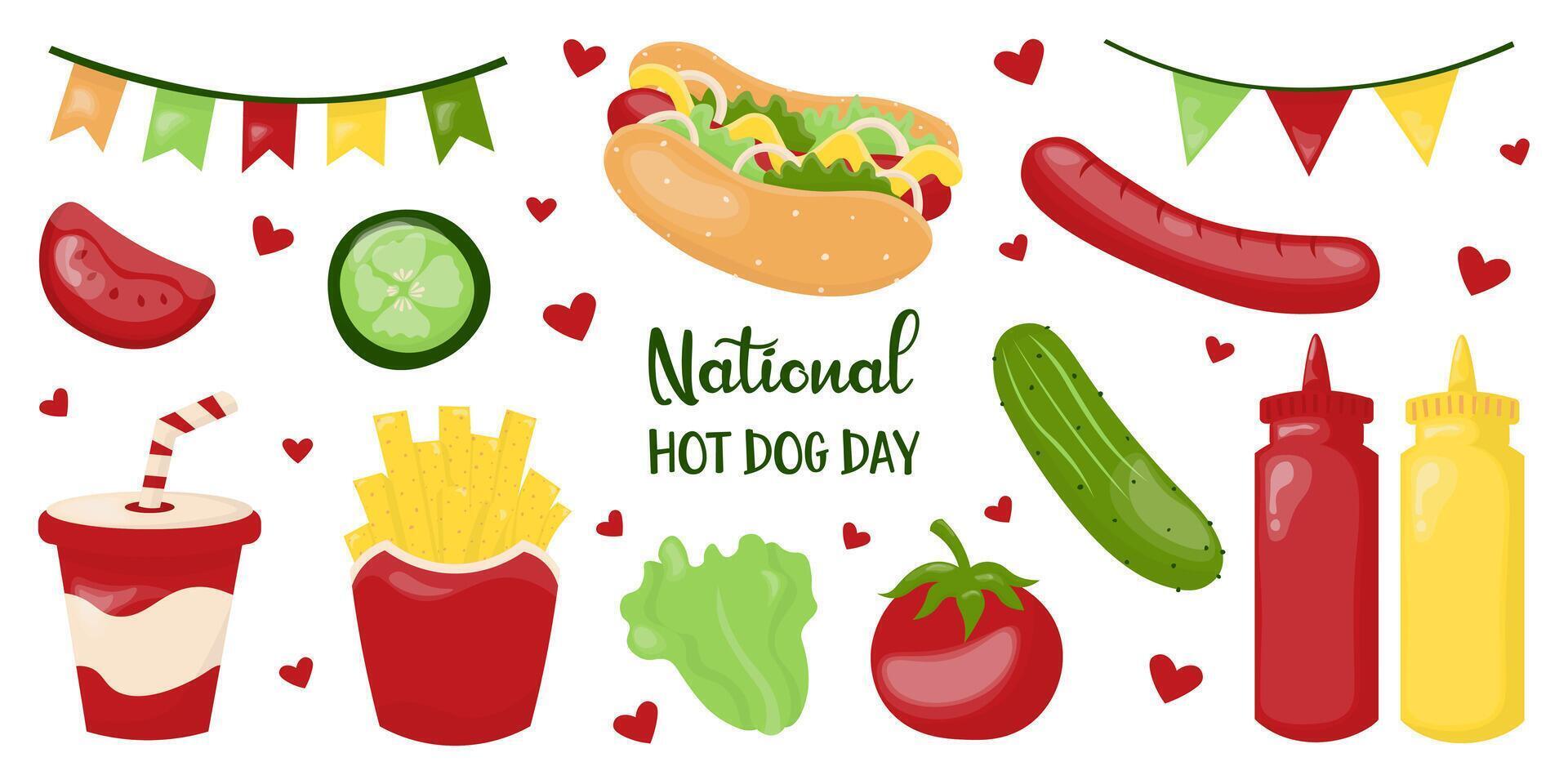 illustration. set of hot dog day with fries, hot dog, ketchup, mustard, lemonade, tomato slice, cucumber slice, lettuce, sausage, tomato, cucumber and garland. vector