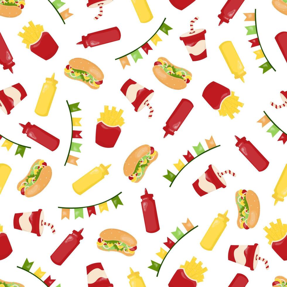 Seamless pattern with hot dog, french fries, ketchup, mustard, lemonade, and garland flags vector