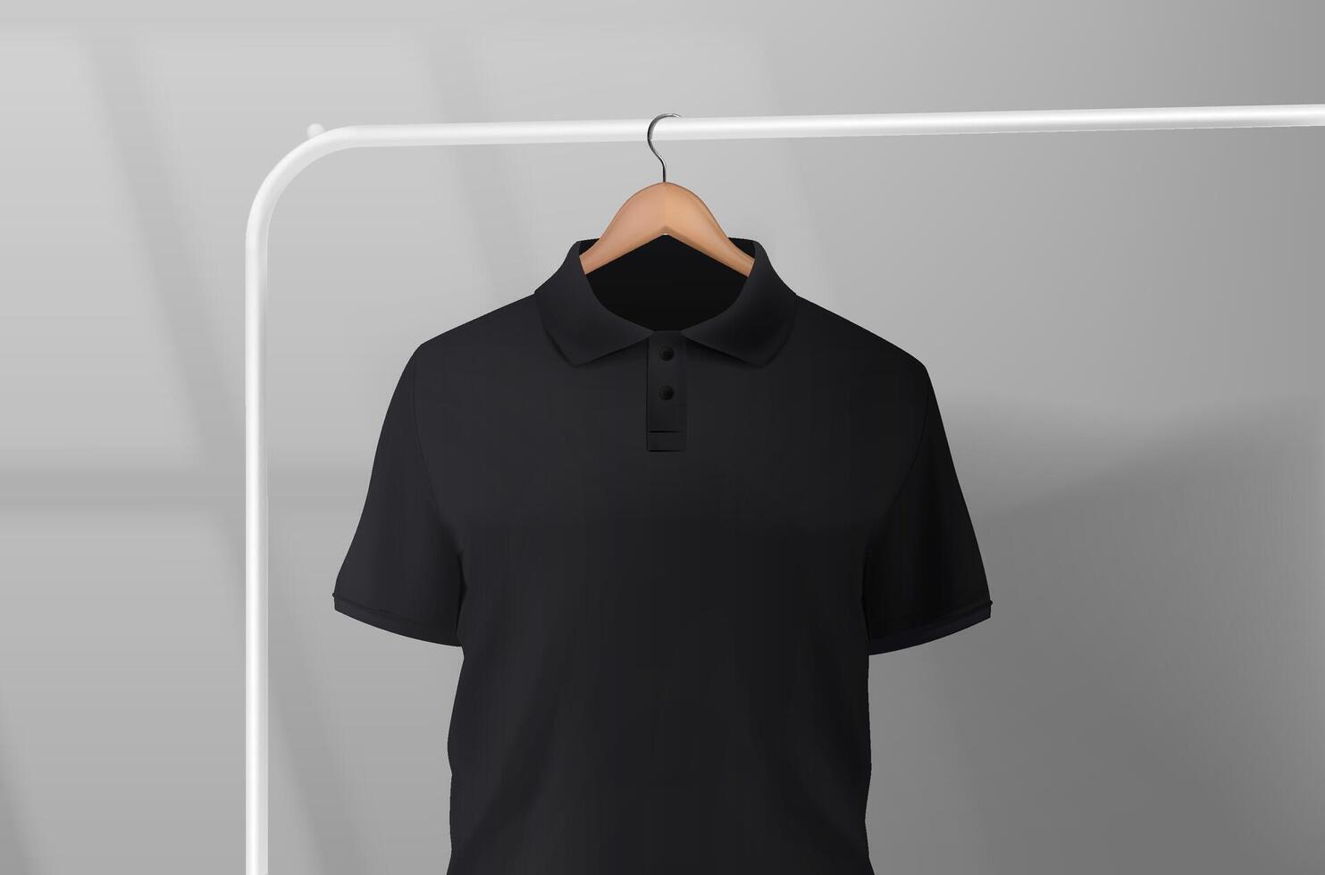 Black short sleeve polo shirt hanging on a clothes rack in a studio on a wooden hanger. t-shirt sleeve design for mockup. vector