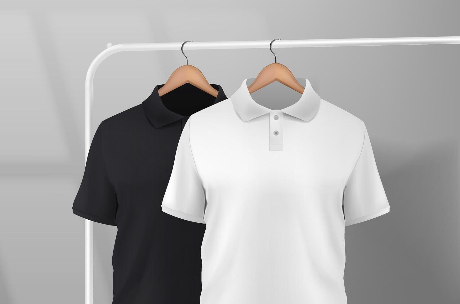 Black and white short sleeve polo shirt hanging on a clothes rack in a studio on a wooden hanger. t-shirt sleeve design for mockup. vector