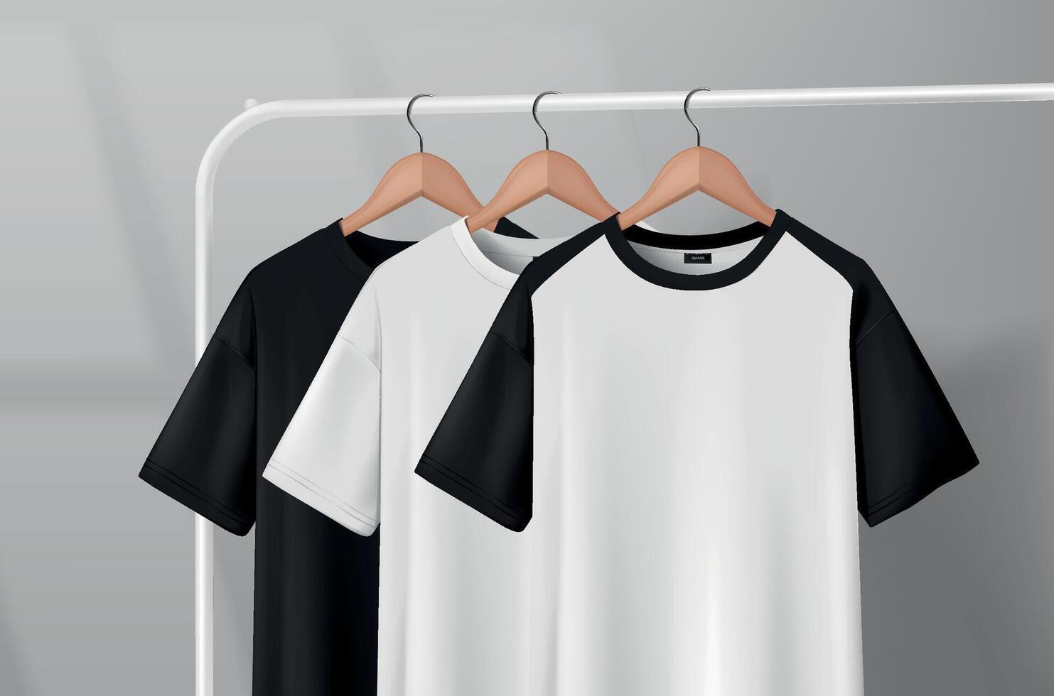 Black and white t-shirts hanging on a clothes rack in a studio on a wooden hanger. vector