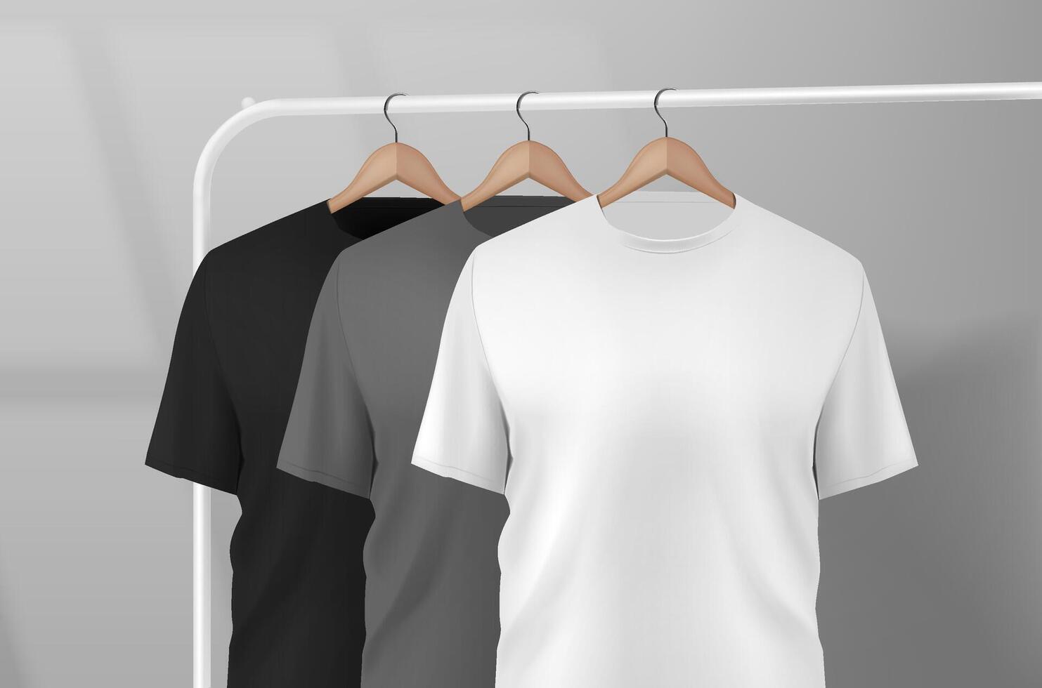 Basic black male t-shirt realistic mockup hanging on a clothes rack in a studio on a wooden hanger. t-shirt sleeve design for mockup. vector