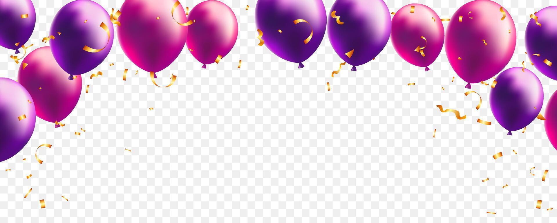 Abstract floating pink and purple balloon, gold confetti. Grand opening, children party vector